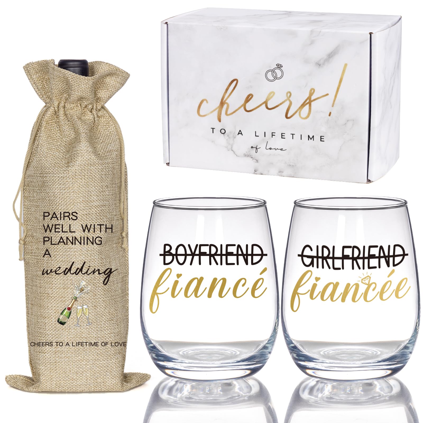 Romantic Wine Glass and Wine Bag Gift Set for Couples - Perfect Engagement, Wedding, Bridal Shower Gift for Him & Her - Ideal for Anniversaries, Valentine's Day and Newlywed Celebrations