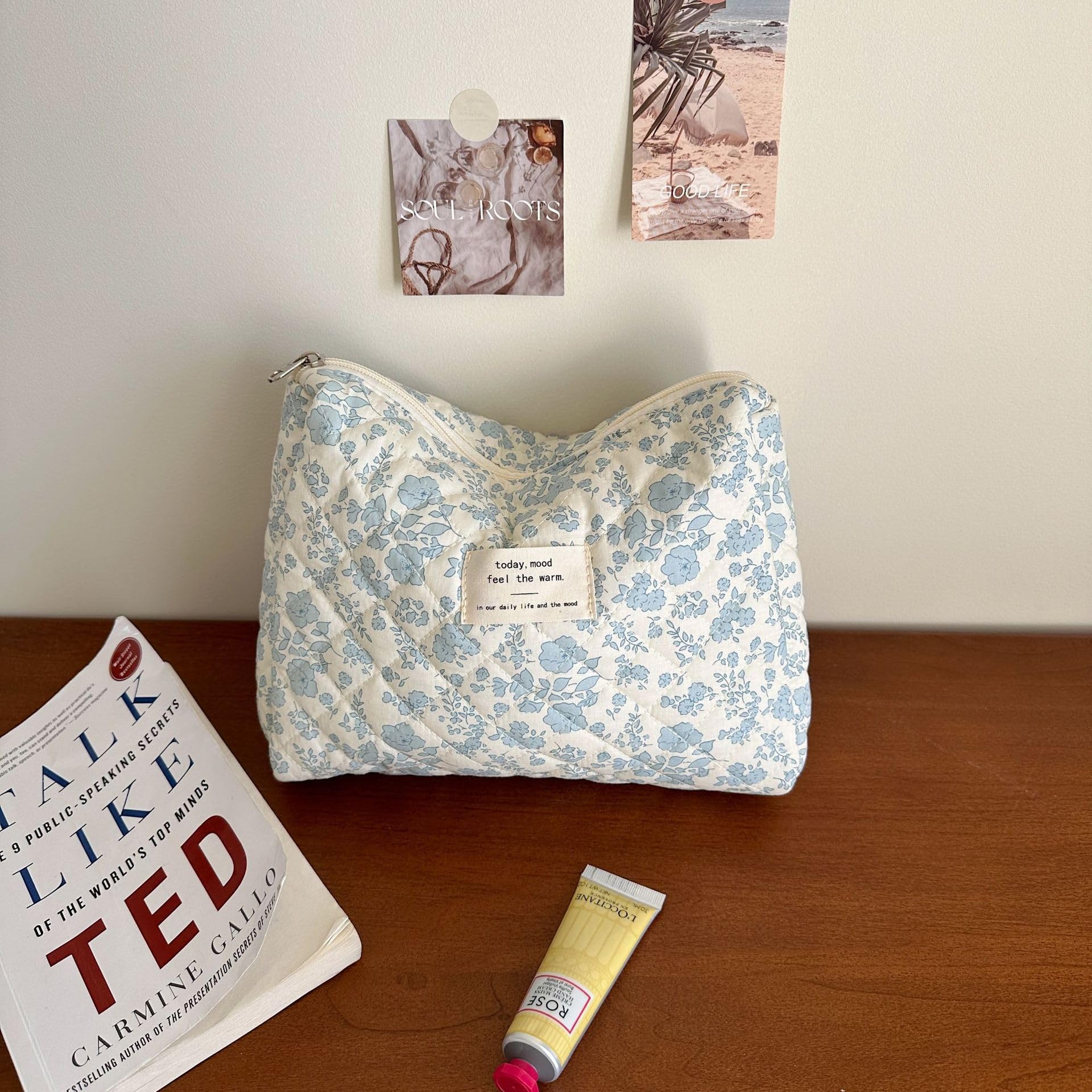 Cute Floral Quilted Makeup Bag Set - 3 Pack Aesthetic Cosmetic Organizer for Travel, Toiletries & Daily Essentials (Blue Floral) - Perfect for Vacation, Gym & College Dorm Organization