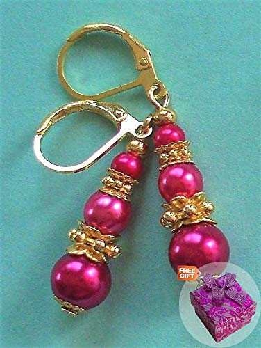 Berry Red Triple Glass Pearl Leverback Earrings for Women - Handmade Dangle Rhinestone Earrings with Silver-Plated Hook - Elegant Artisan Jewelry Gift Set with Free Gift Box - Perfect for Weddings, Parties & Special Occasions