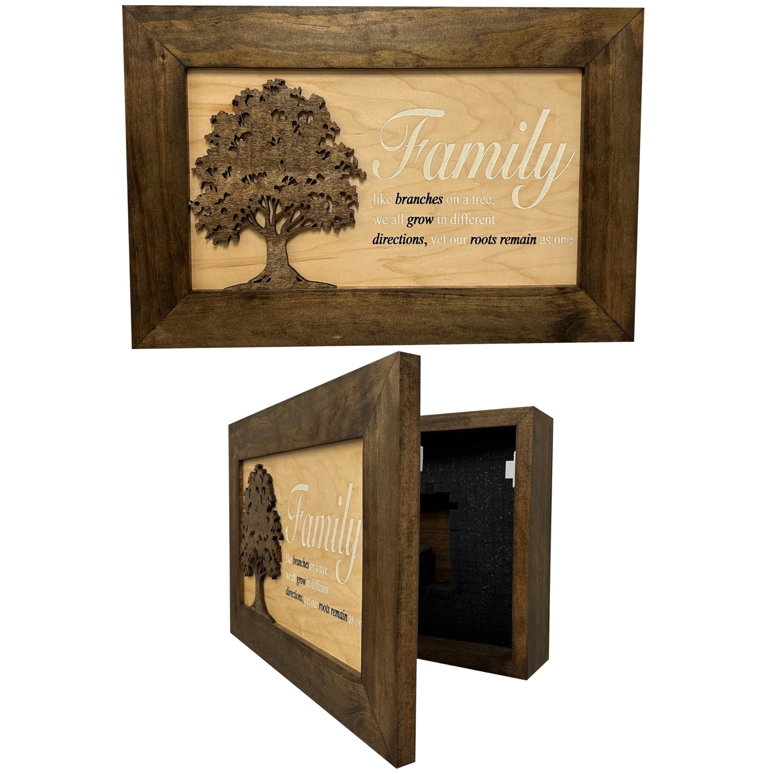 Bellewood Designs Hidden Gun Storage Cabinet - Family Branches Engraved, Dark Walnut Finish | Secure Firearm Storage for Home, Office & Cabin Safety