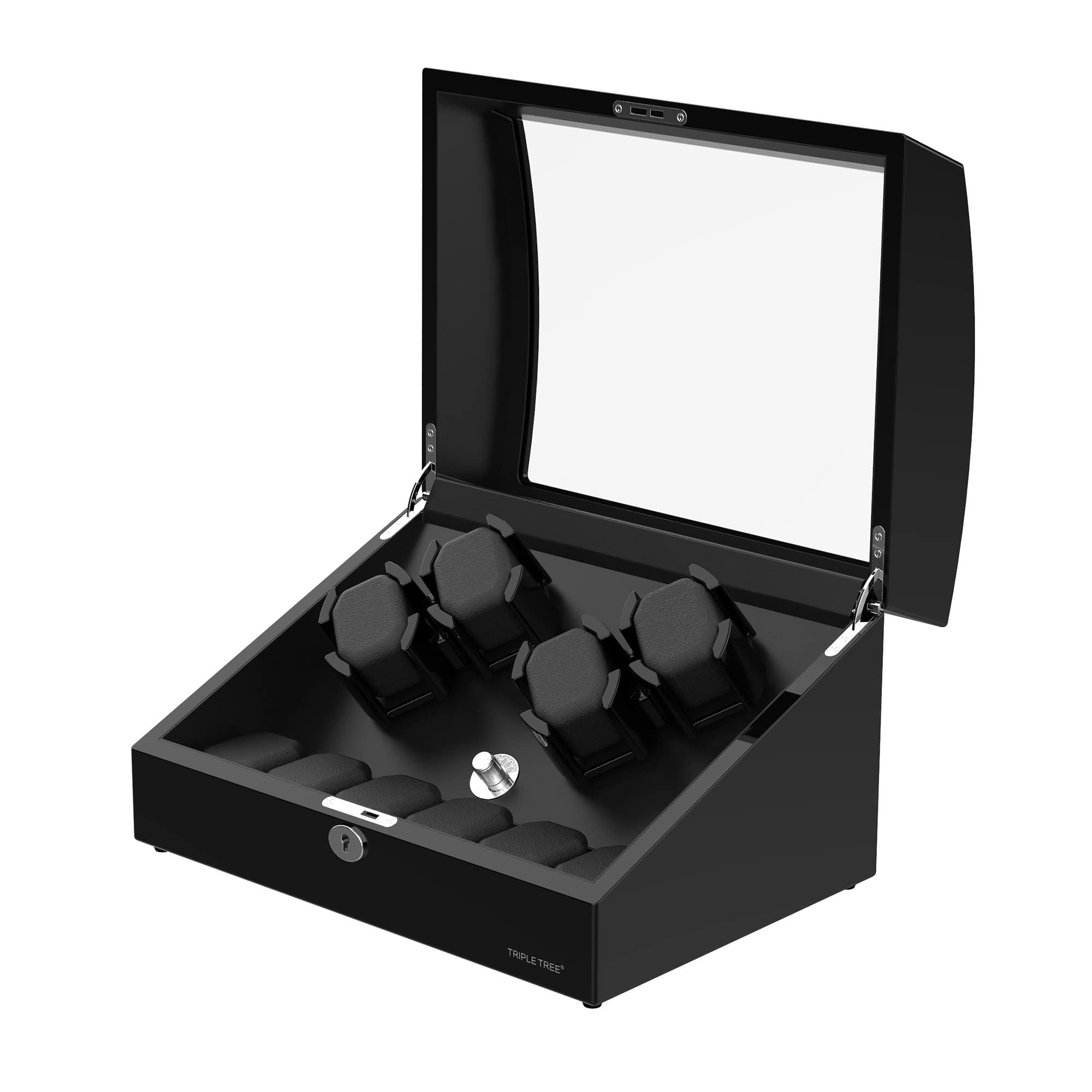 Premium Watch Winder for 4 Automatic Watches - 6 Extra Storage Slots, Elegant Wooden Piano Finish, Ultra-Quiet Motor & Adjustable Watch Pillows (Triple Tree) - Perfect for Watch Collectors, Luxury Storage & Display