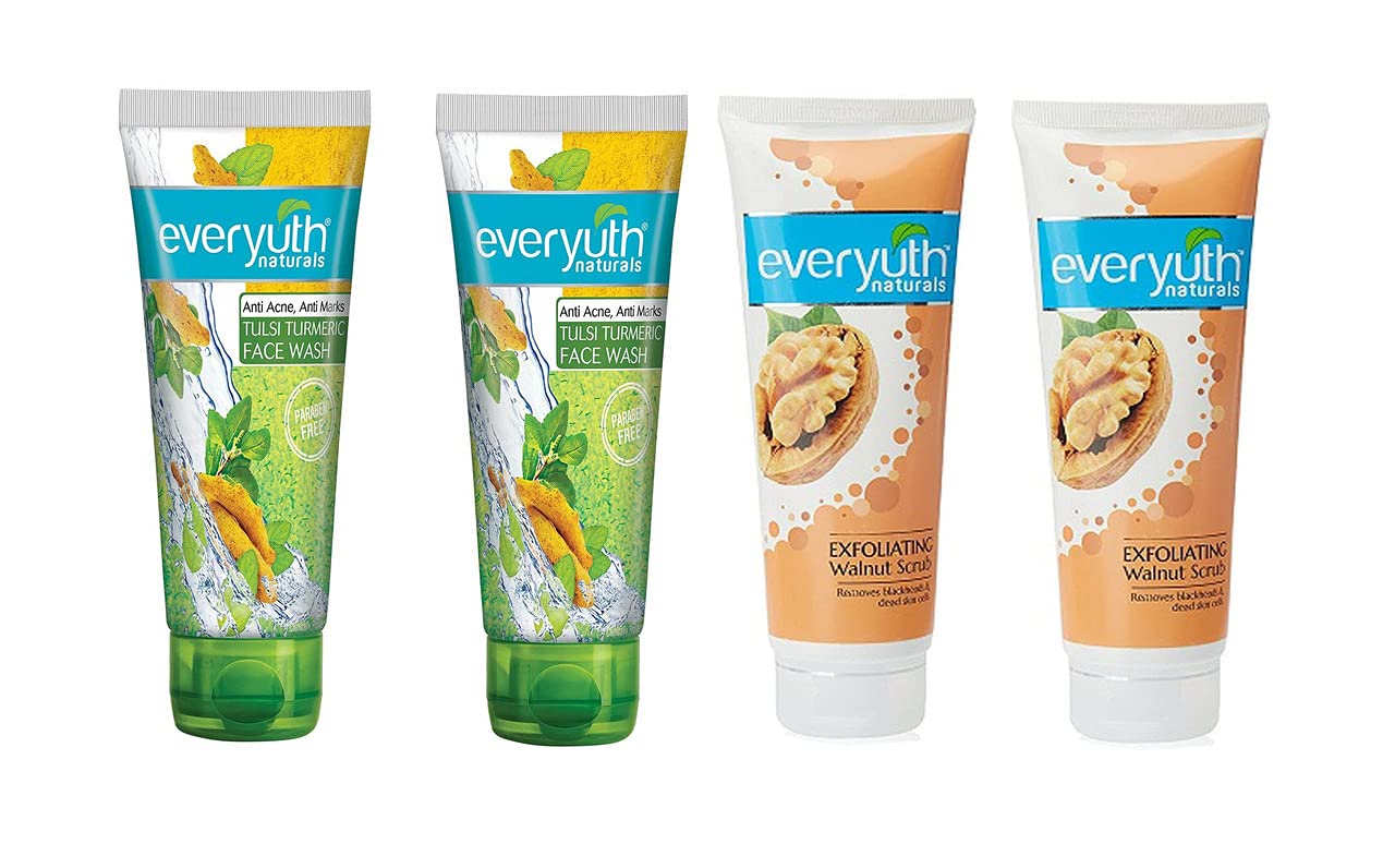 Everyuth Naturals Complete Face Care Combo - Anti Acne & Anti Marks Tulsi Turmeric Face Wash + Exfoliating Walnut Scrub (50g Each, Pack of 4) | Gentle Daily Cleansing & Exfoliation for Clear, Glowing Skin