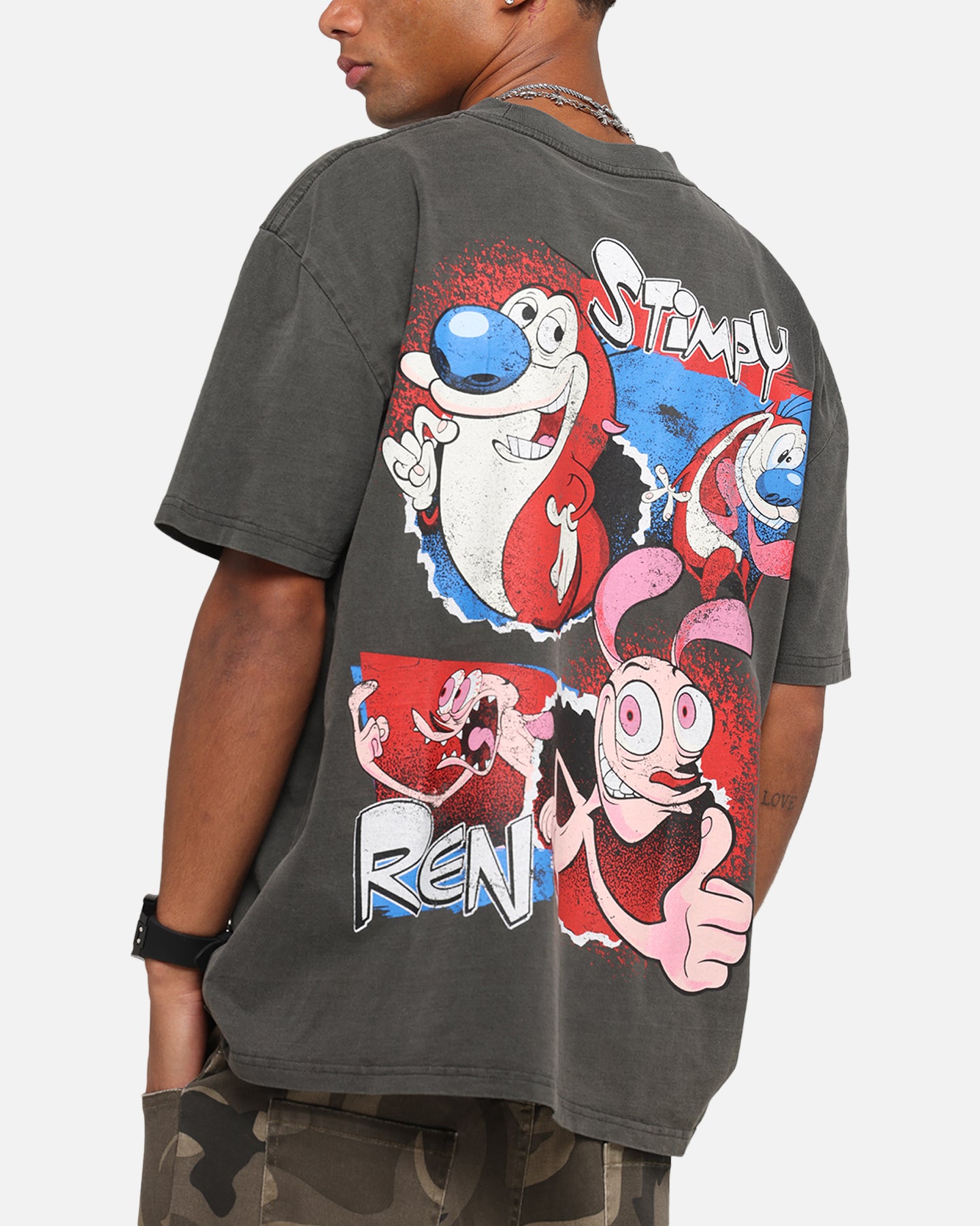 Vintage American Thrift X Nickelodeon Ren & Stimpy Graphic T-Shirt - Black Washed Cotton Tee for Cartoon Fans | Casual Wear & 90s Nostalgia Outfits