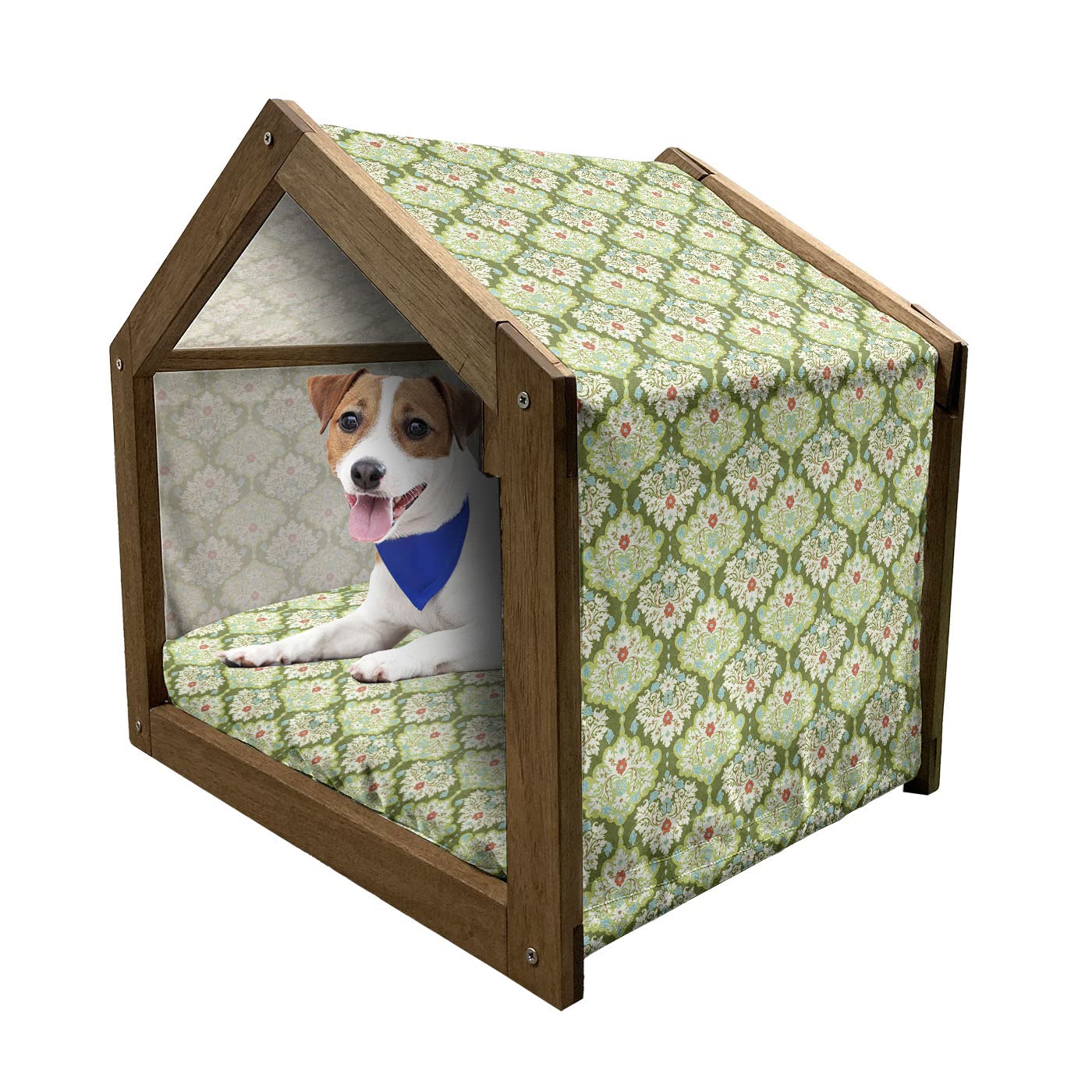 Ambesonne Victorian Style Wooden Pet House - Baroque Floral Rococo Inspired Design, Indoor & Outdoor Portable Dog Kennel with Pillow & Cover, Medium Size in Green Mint - Perfect for Home Decor & Garden Use
