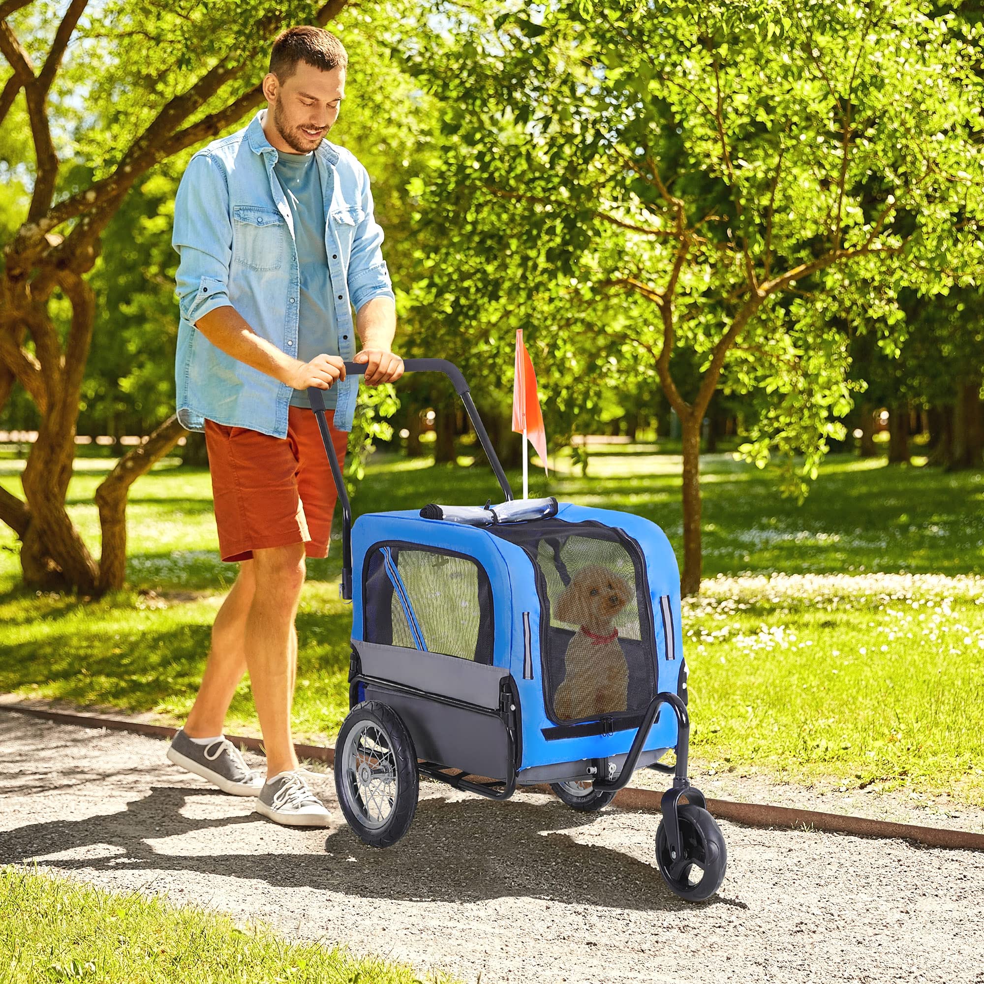 Aosom 2-in-1 Small Dog Bike Trailer & Stroller with Hitch - Blue Bicycle Sidecar Wagon Cart Carrier for Pets | Perfect for Cycling Adventures, Park Visits & Outdoor Travel with Your Dog