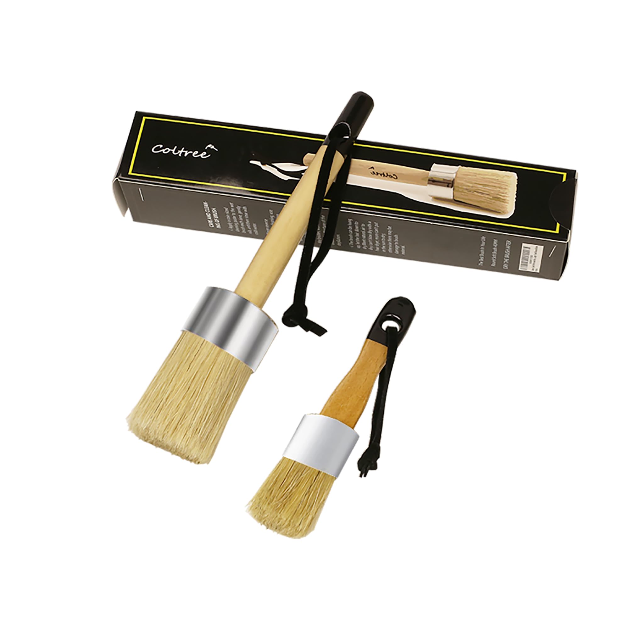 2-Piece Boar Hair Bristle Paint Brushes Set - Round & Flat Chalk & Wax Paint Brushes for Furniture - Perfect for DIY Home Decor, Antique Restoration & Craft Projects