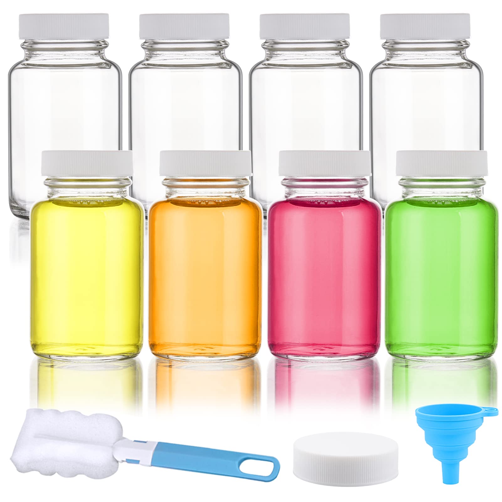 8 Pack 3.5oz Clear Glass Juice Shot Bottles with Leak-Proof Lids - Reusable Beverage Containers for Juicing, Storage & Travel - Includes Cleaning Brush & Funnel (Perfect for Smoothies, Cocktails & Meal Prep)