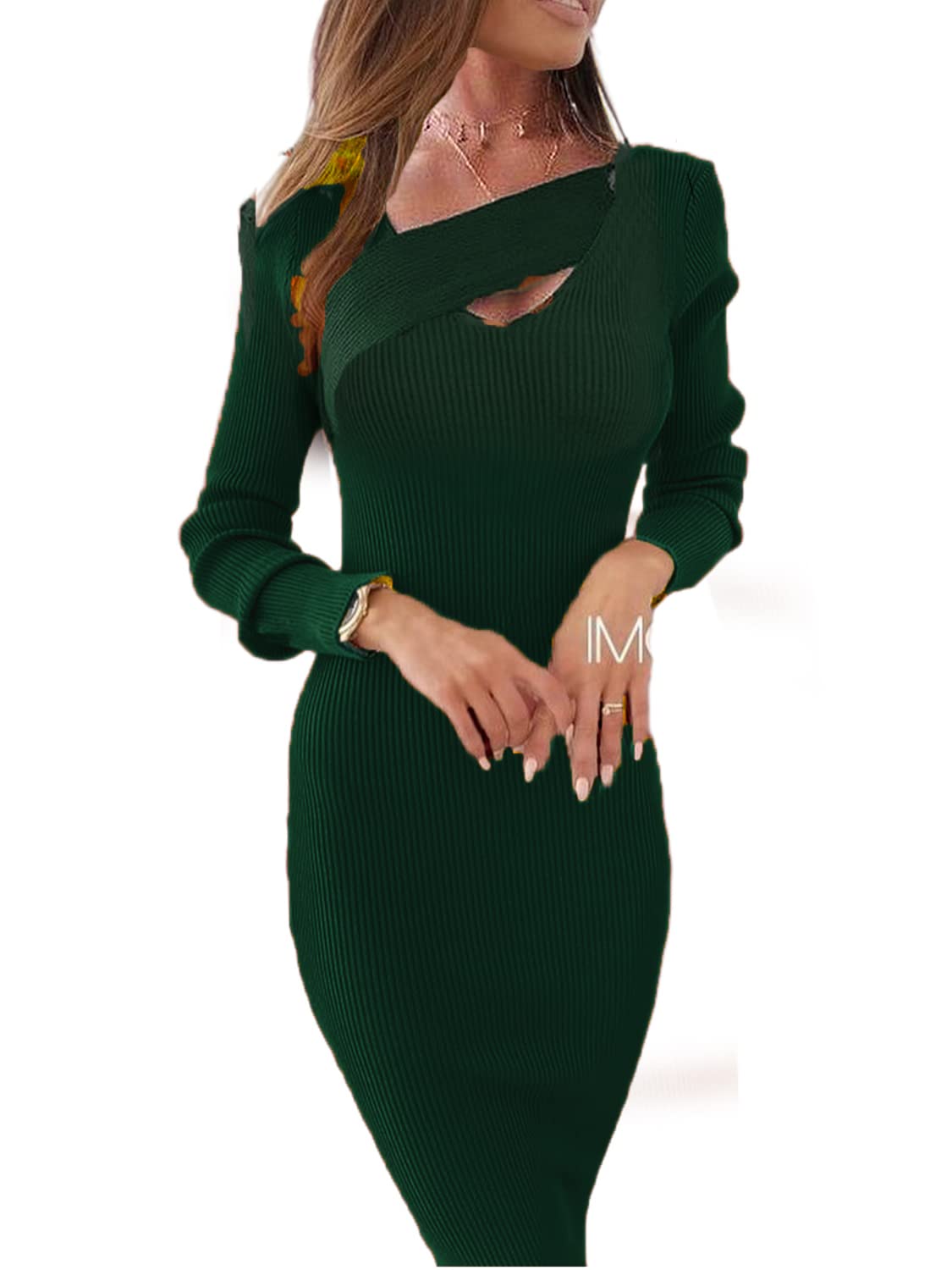 Glamaker Women's Sexy Long Sleeve Ribbed Sweater Dress - Bodycon Midi Dress for Fall & Winter, Perfect for Date Night, Office Wear & Holiday Parties
