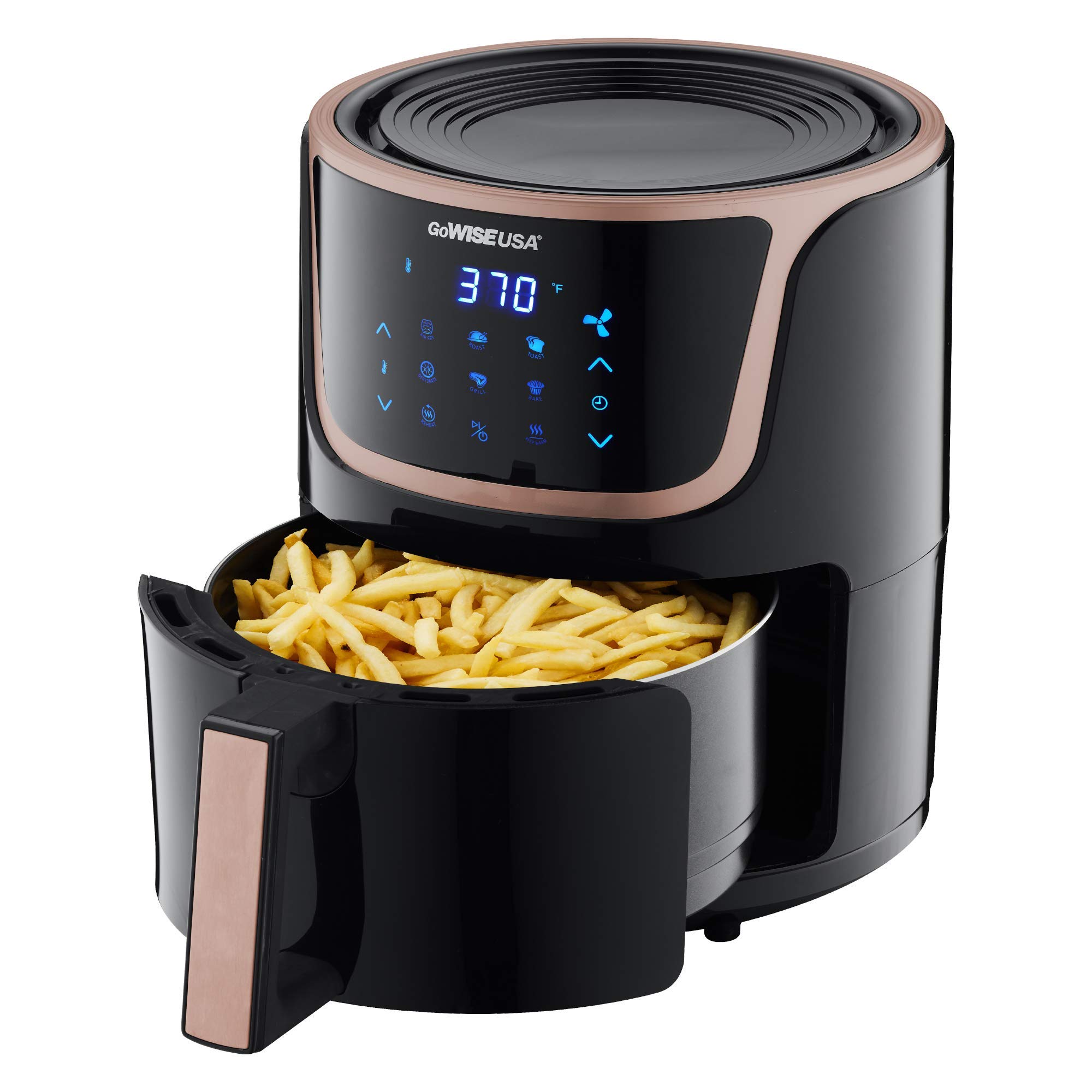GoWISE USA GW22965 5-Quart Digital Air Fryer with Touchscreen & Recipe Book - Healthy Oil-Free Cooking for Chicken, Fries & More - Black/Copper (Perfect for Family Meals & Quick Snacks)