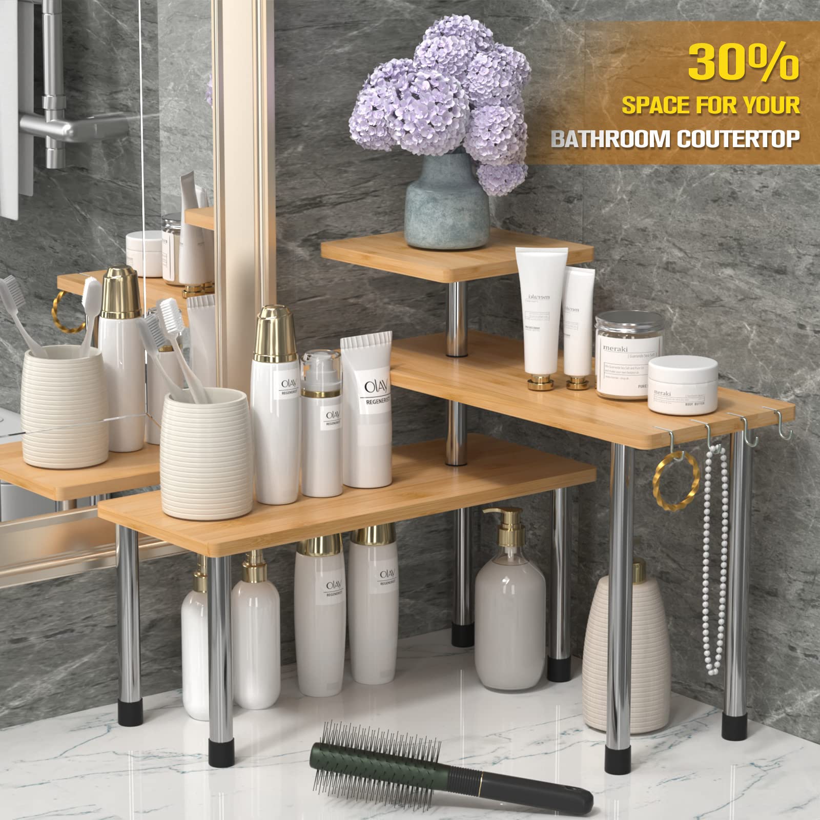 3-Tier Adjustable Bamboo Corner Shelf for Kitchen Countertop Organization - Spice Rack, Coffee Station & Bathroom Storage - Perfect for Small Spaces & Clutter-Free Home Decor (Natural Wood Finish)