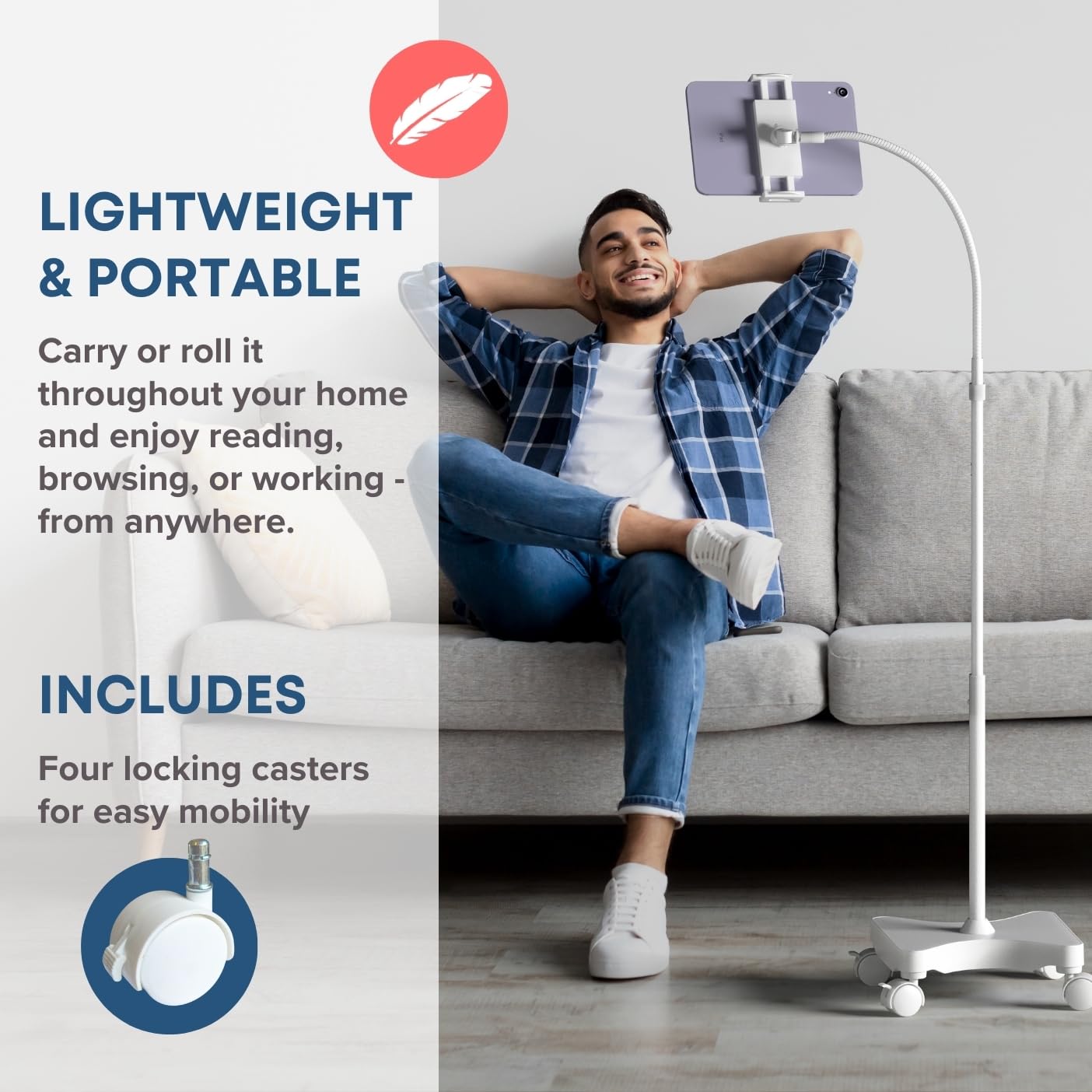 Adjustable Height Floor Stand with Wheels for Tablet & Phone - Sturdy Gooseneck Holder Mount with Stable Base - Universal Compatibility for All Smartphones & Tablets (4-13 inch) - White - Perfect for Home Office, Kitchen, Bedroom & Studio Use