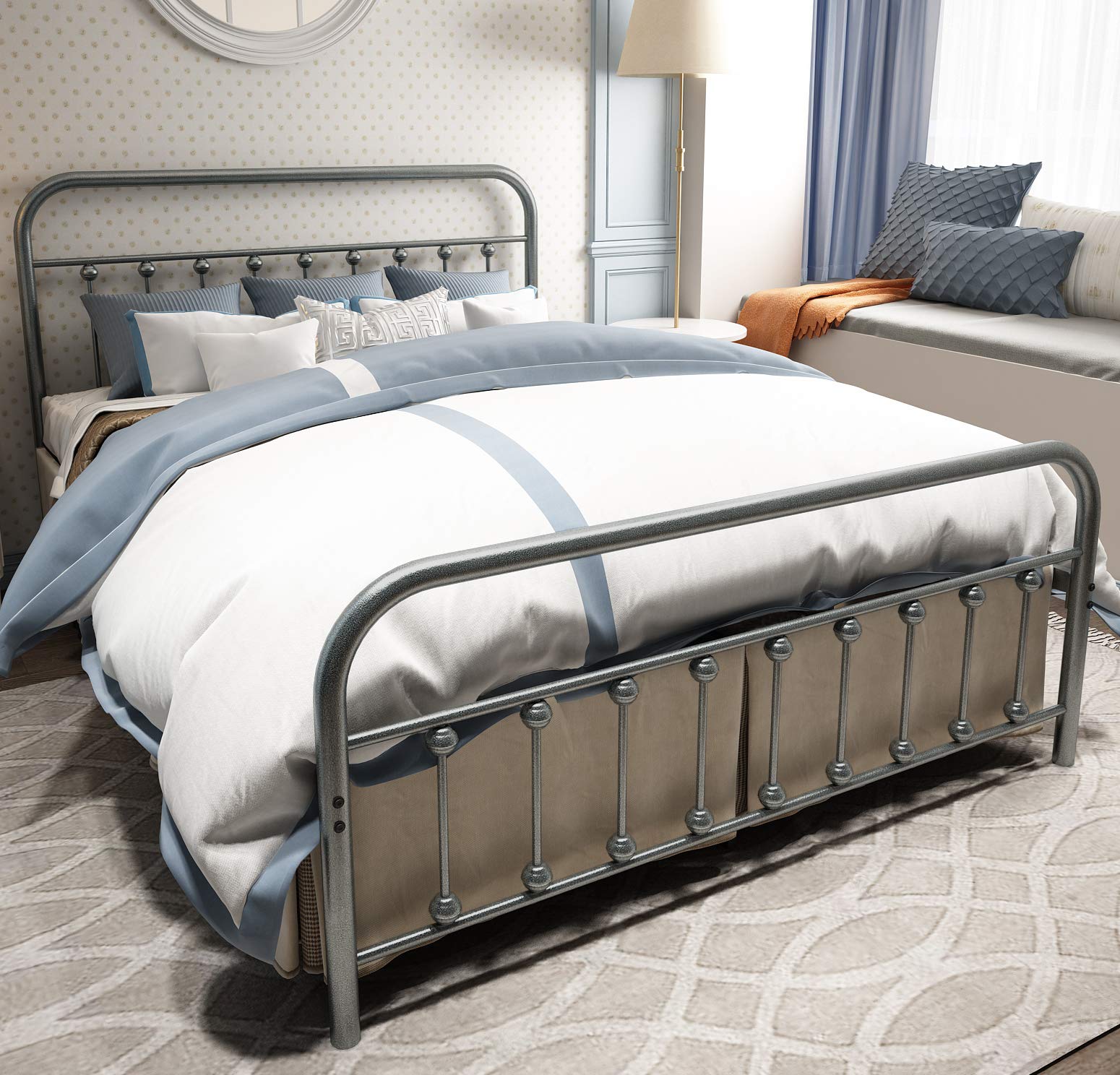 Queen Size Metal Bed Frame with Headboard & Footboard - Sturdy Iron-Art Platform Mattress Base in Gray Silver | Perfect for Modern Bedrooms, Guest Rooms & Dormitories