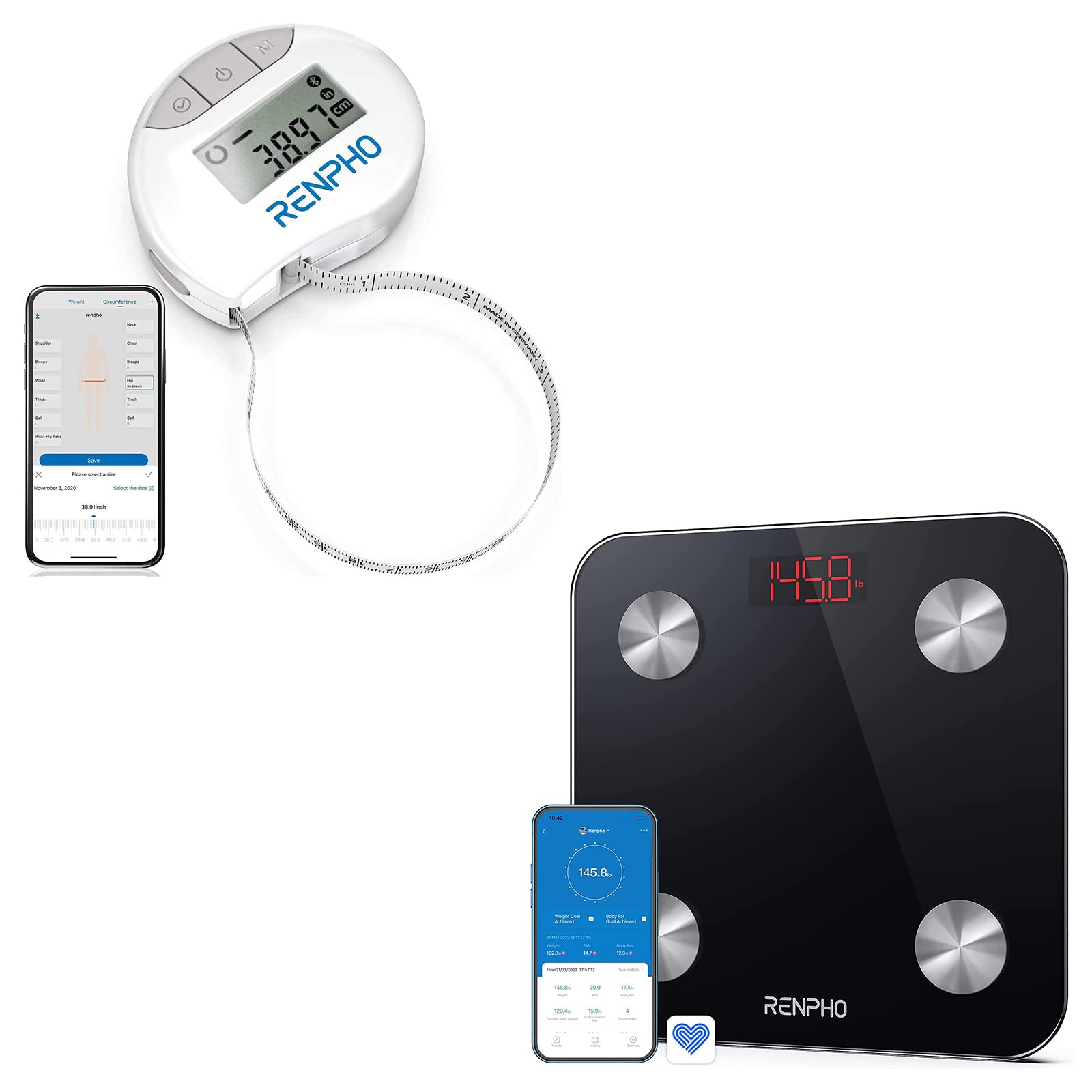 RENPHO Smart Tape Measure & Bluetooth Bathroom Scale - Body Fat Monitor with App for Weight Tracking | Perfect for Home Fitness & Health Monitoring