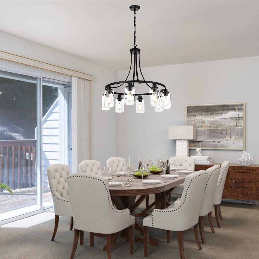 MELUCEE 8-Light Black Industrial Chandelier with Clear Glass Shades - Farmhouse Kitchen Island Pendant Lighting for Dining Room, Living Room, Bedroom | Perfect for Rustic Home Decor & Open Concept Spaces