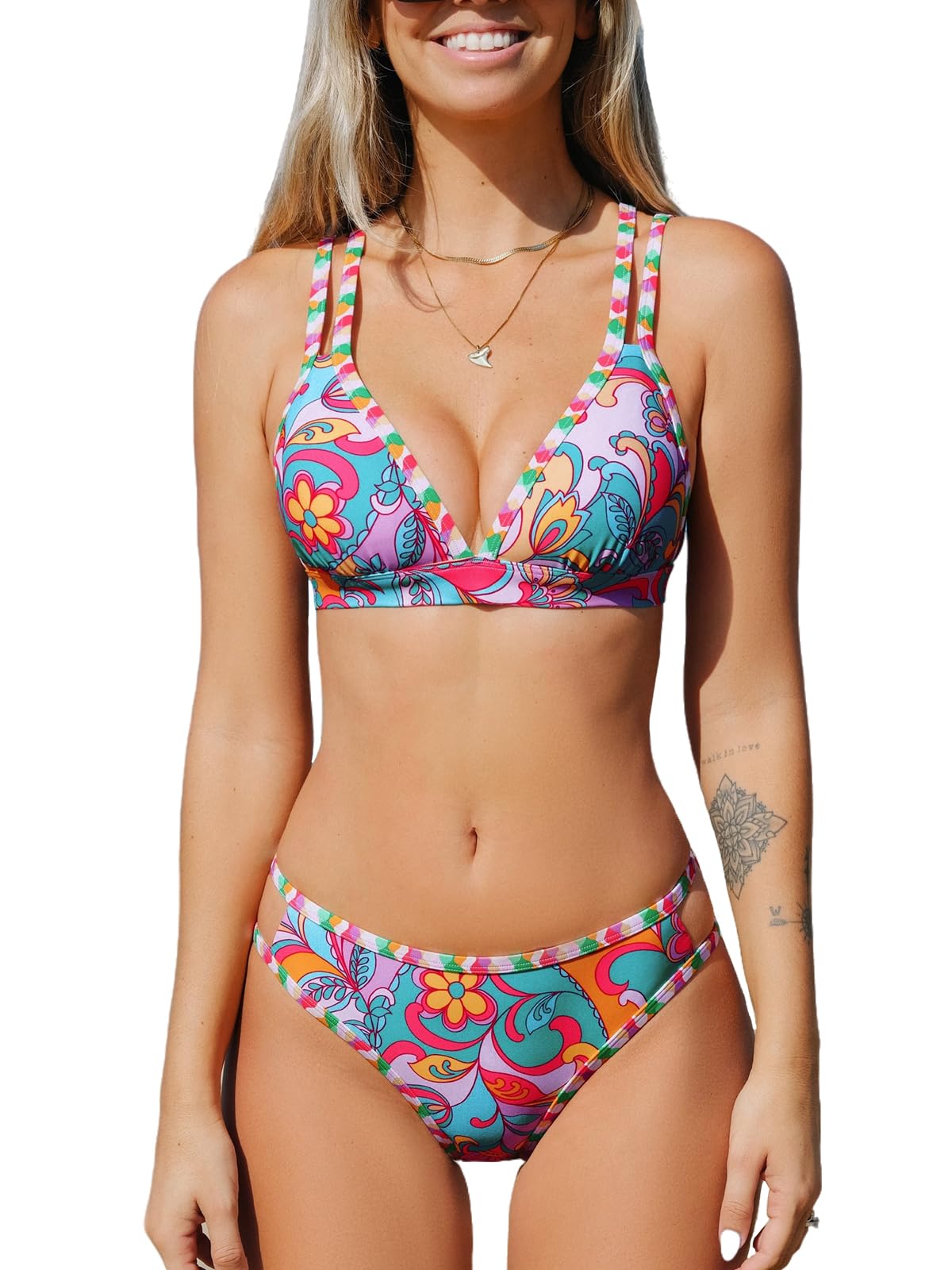 CUPSHE Women's Two Piece Bikini Set - Strappy Adjustable Swimwear with V Neck Cutout & Mid Rise Design | Perfect for Beach Vacation, Pool Party & Summer Getaway