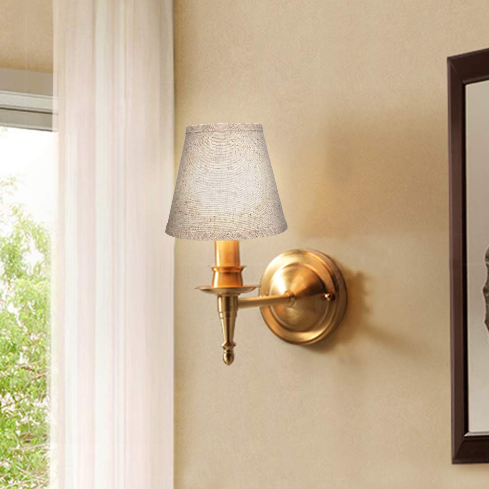 ALUCSET 2-Pack Small Clip-On Lamp Shades for Candelabra Bulbs - 5x8x7 Inch Barrel Fabric Lampshades in White/Brown - Perfect for Table Lamps, Chandeliers & Wall Sconces - Elegant Home & Office Lighting Decor