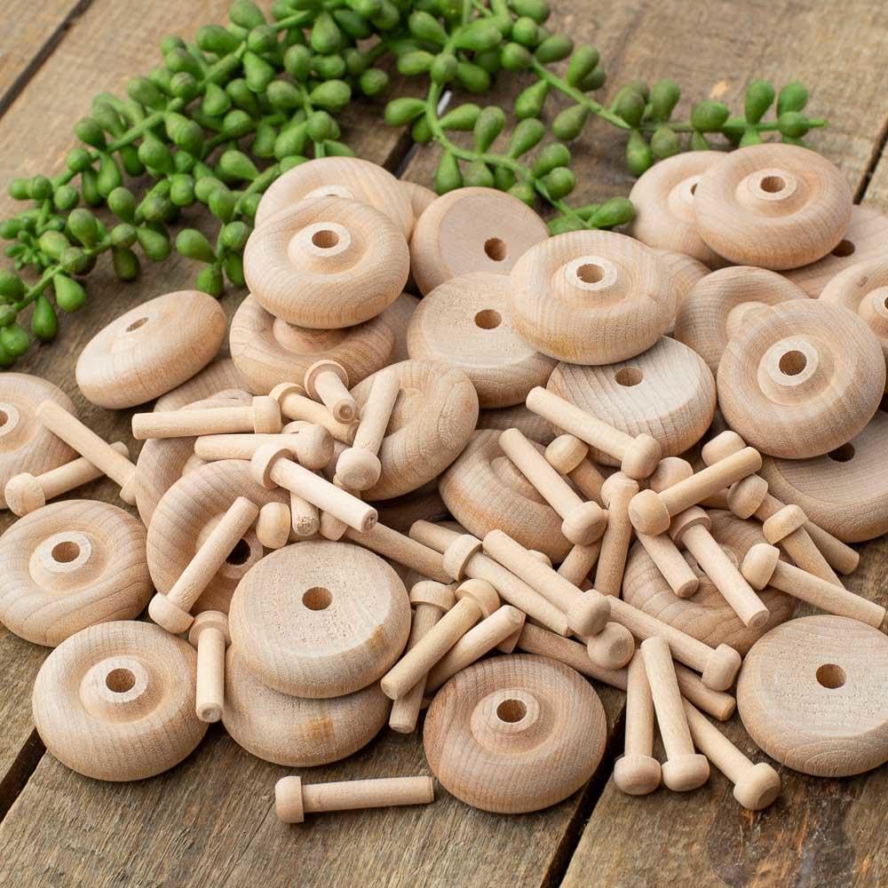 Unfinished Wooden Wheels and Axle Pegs for DIY Crafts - 1.5
