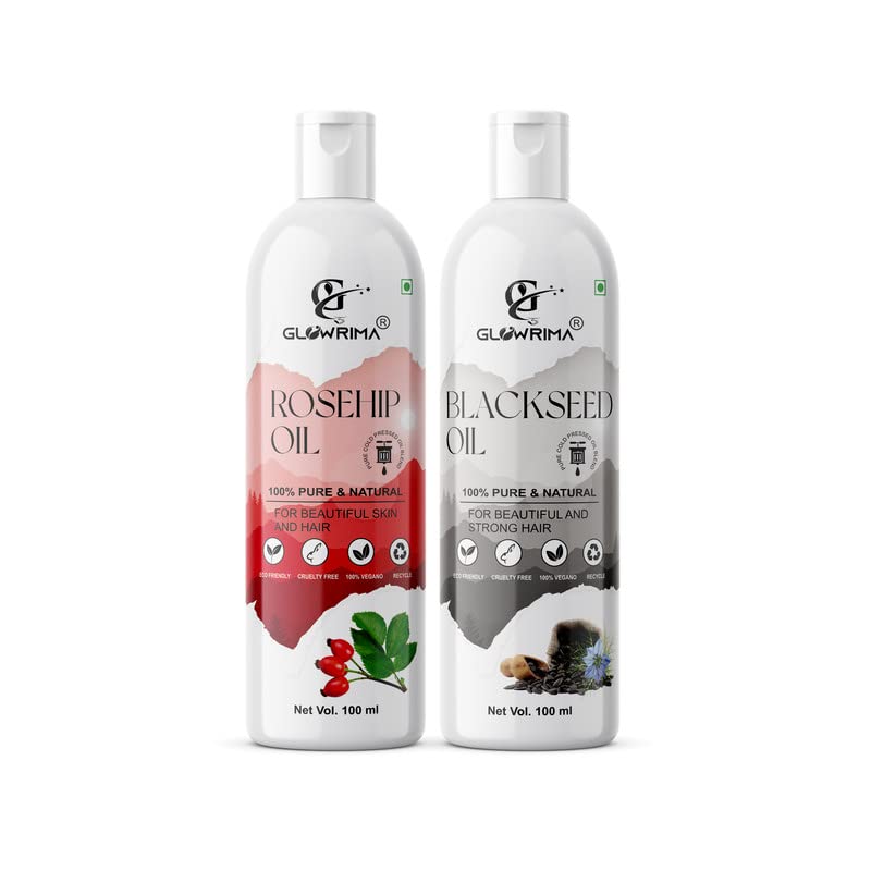 **Glowrima 100% Pure Rosehip Oil & Black Seed Oil Combo (100ML Each) – Promotes Rapid Hair Growth, Reduces Hair Fall & Split Ends for Softer, Shinier Hair – Pack of 2 – Perfect for Daily Hair Care & Scalp Nourishment**