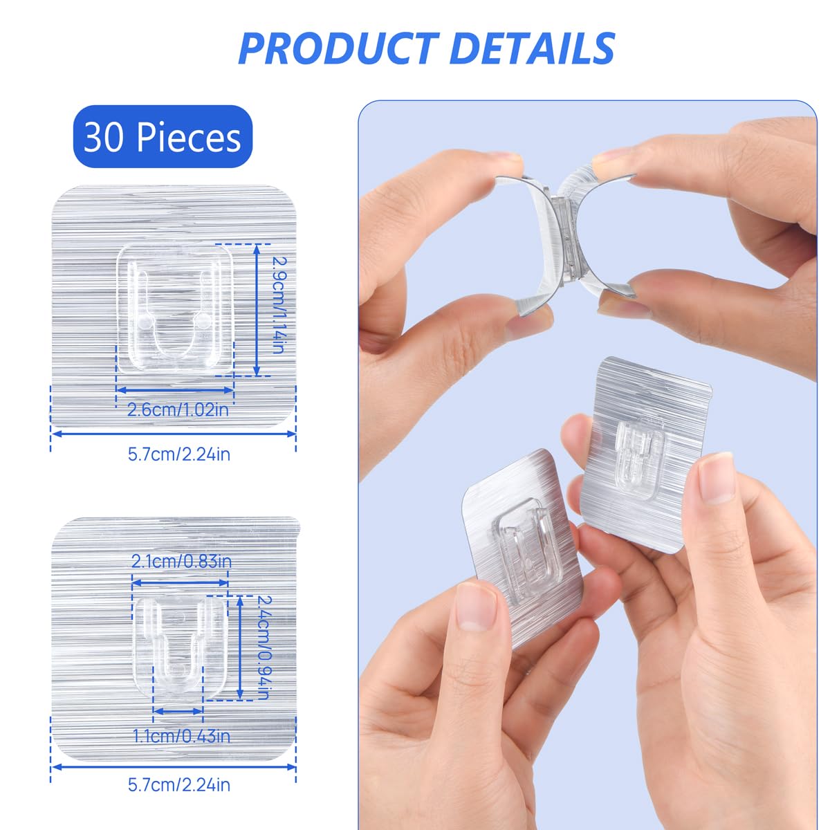 30 Pack Heavy Duty Clear Double Sided Adhesive Wall Hooks - Waterproof Sticky Hooks for Bathroom, Kitchen, Picture Hanging - Perfect for Organizing Home, Office & Dorm Rooms