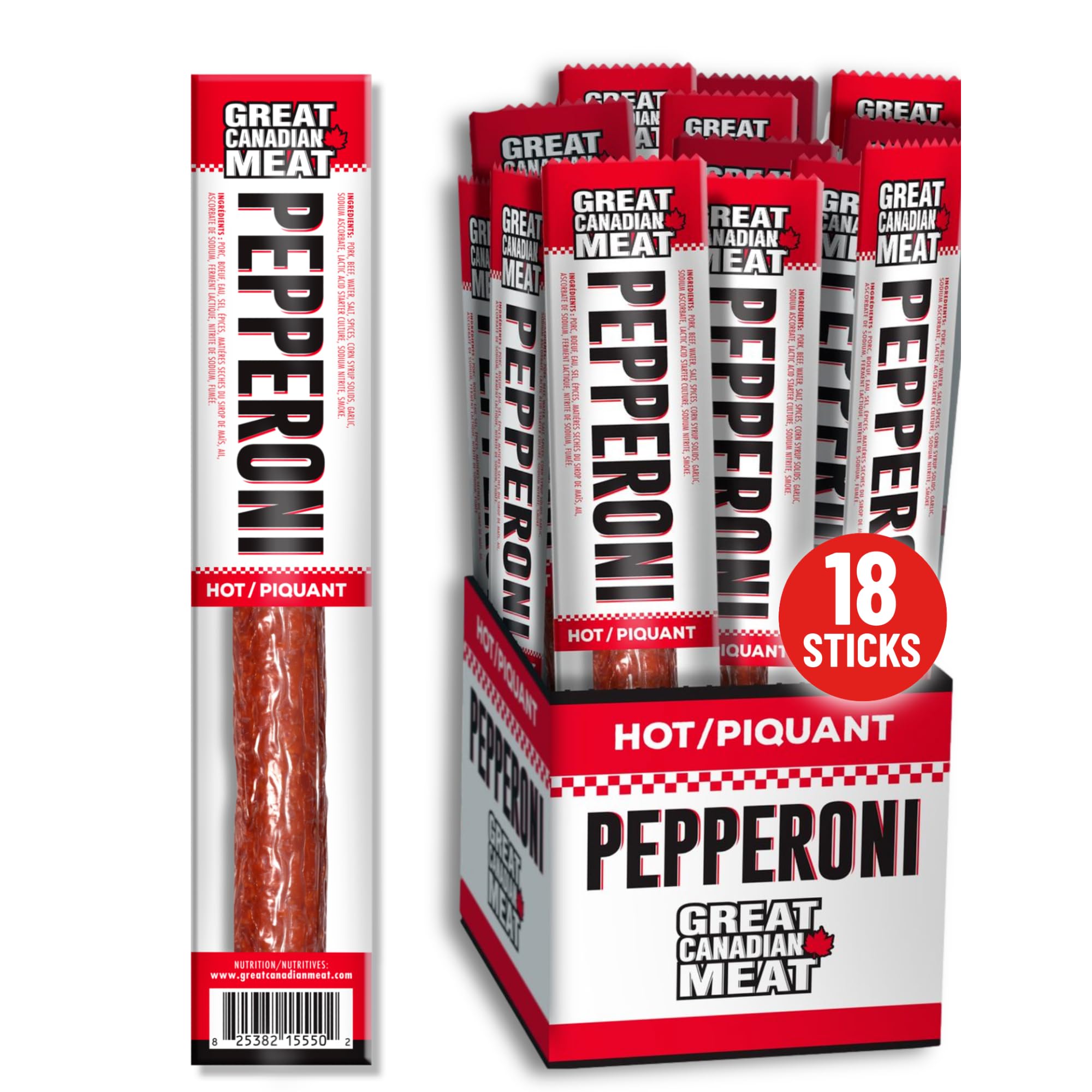 Great Canadian Meat Hot Pepperoni Sticks Box - 18 Sticks x 22g | Gluten Free, High Protein Meat Snacks for Carnivores | Perfect for On-the-Go Snacking, Camping, Hiking & Road Trips