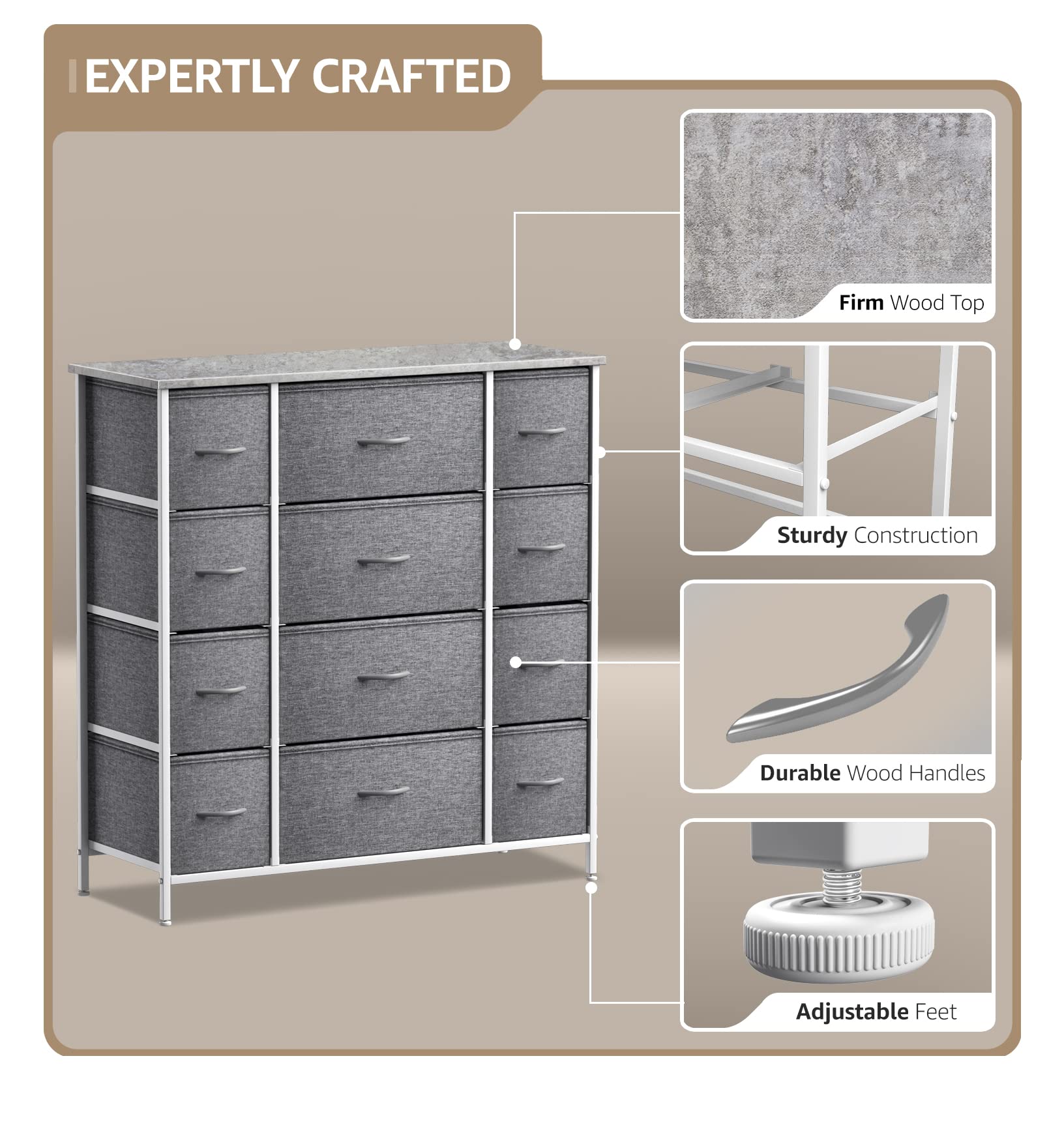 Sorbus 12-Drawer Dresser Organizer with Steel Frame & Wood Top - Easy Pull Fabric Bins for Clothes Storage - Large Bedroom, Hallway, Living Room, Nursery & Closet Furniture - Perfect for Home Organization & Space Saving