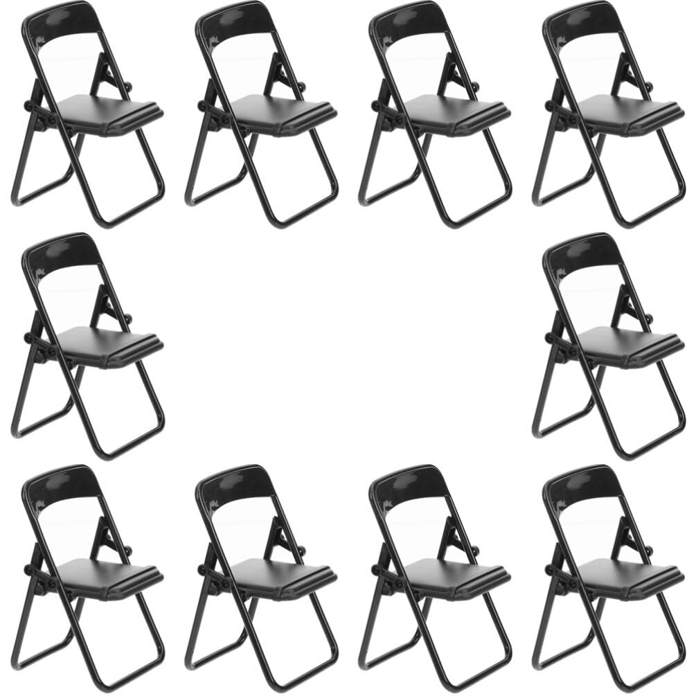 NUOBESTY 10Pcs 1/6 Scale Miniature Black Folding Chairs - Dollhouse Furniture for Action Figures & Dolls - Perfect for Dollhouse Decoration, Photography Props and Miniature Displays