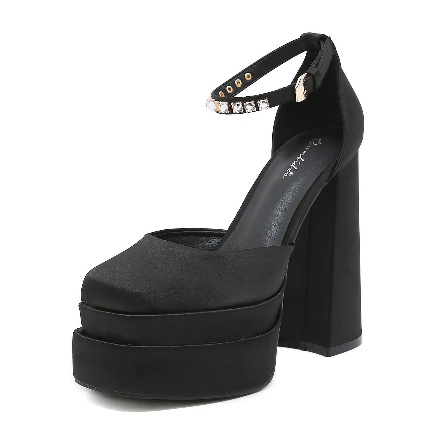 STUPMARY Women's Chunky High Heel Ankle Strap Pumps - Platform Block Heels with Buckle Detail in Satin for Party, Wedding & Evening Dress Shoes | Comfortable Fashion Heels for Women