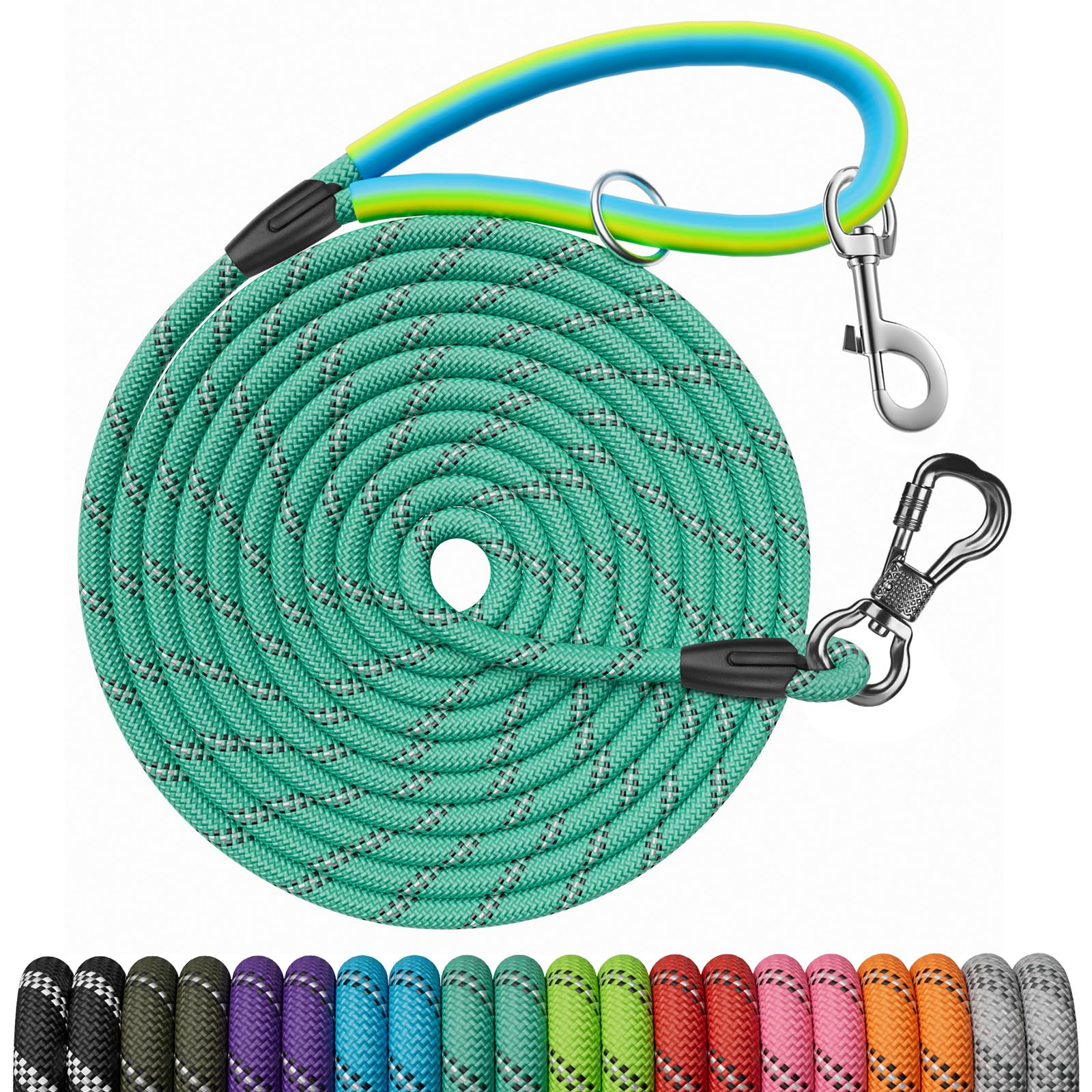 15FT NTR Long Dog Leash with 2 Swivel Hooks & Soft Rubber Handle - Durable Check Cord for Small, Medium & Large Dogs - Perfect for Walking, Training, Hiking, Camping & Outdoor Play (Teal)