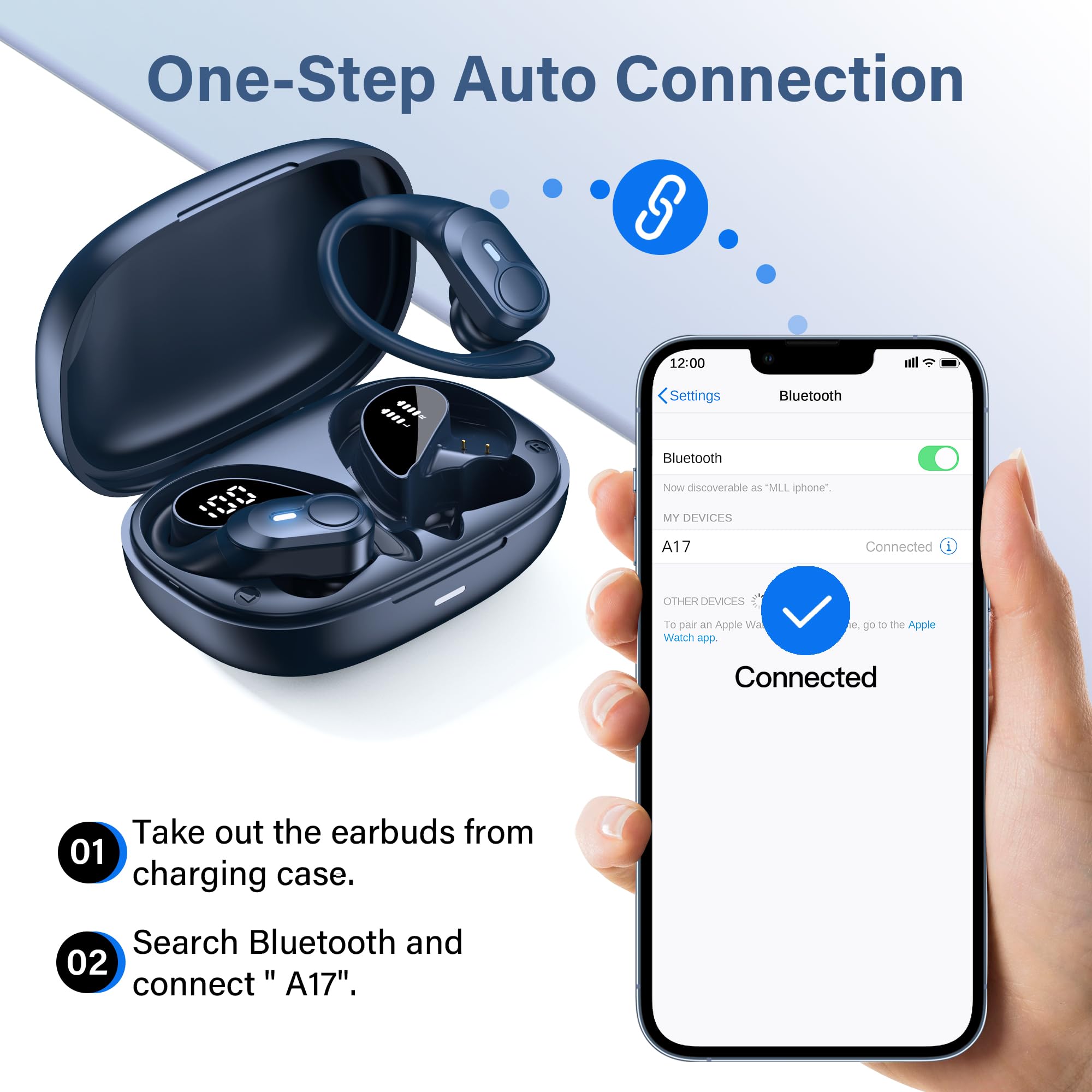 Wireless Bluetooth Earbuds with 70H Playback, Digital Display & Wireless Charging Case - Deep Bass, IPX7 Waterproof, Secure Fit for Running, Workouts & Sports (Blue) | Perfect for Gym, Commuting & Outdoor Activities