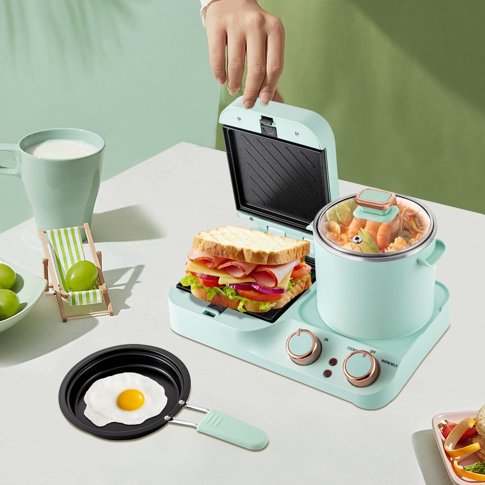 3 in 1 Electric Breakfast Station - Retro Toaster, Sandwich Maker & Non-Stick Frying Pan with Detachable Plates & Glass Lid Stockpot - Perfect for Quick Breakfast, Family Meals & Small Kitchen Appliances