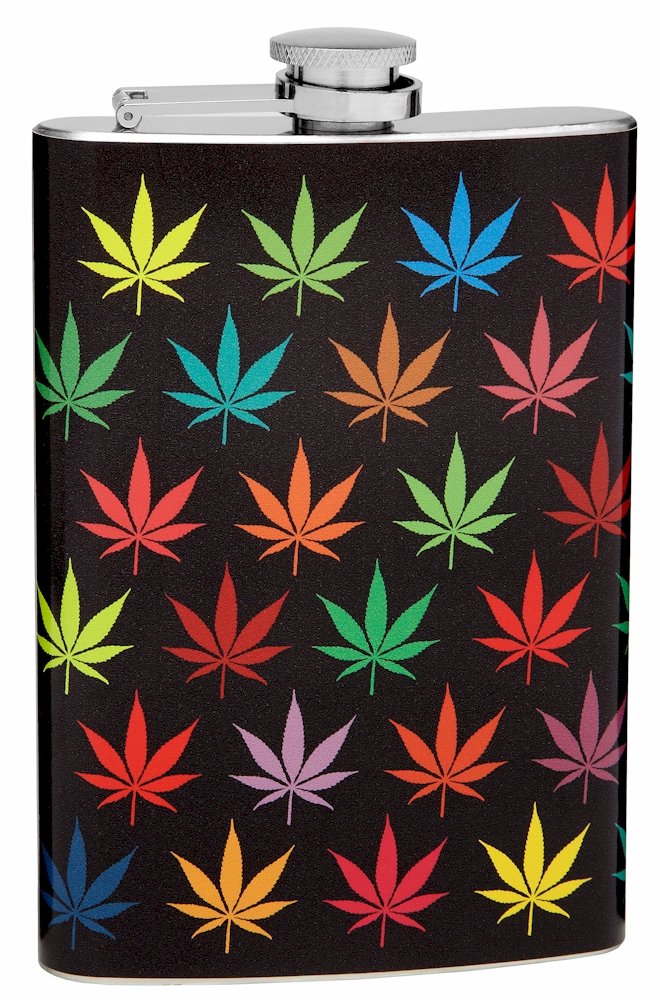 Colorful 8oz Pot Leaf Hip Flask - Stainless Steel Whiskey Flask for Outdoor, Camping & Parties - Perfect Gift for Stoners & Whiskey Lovers