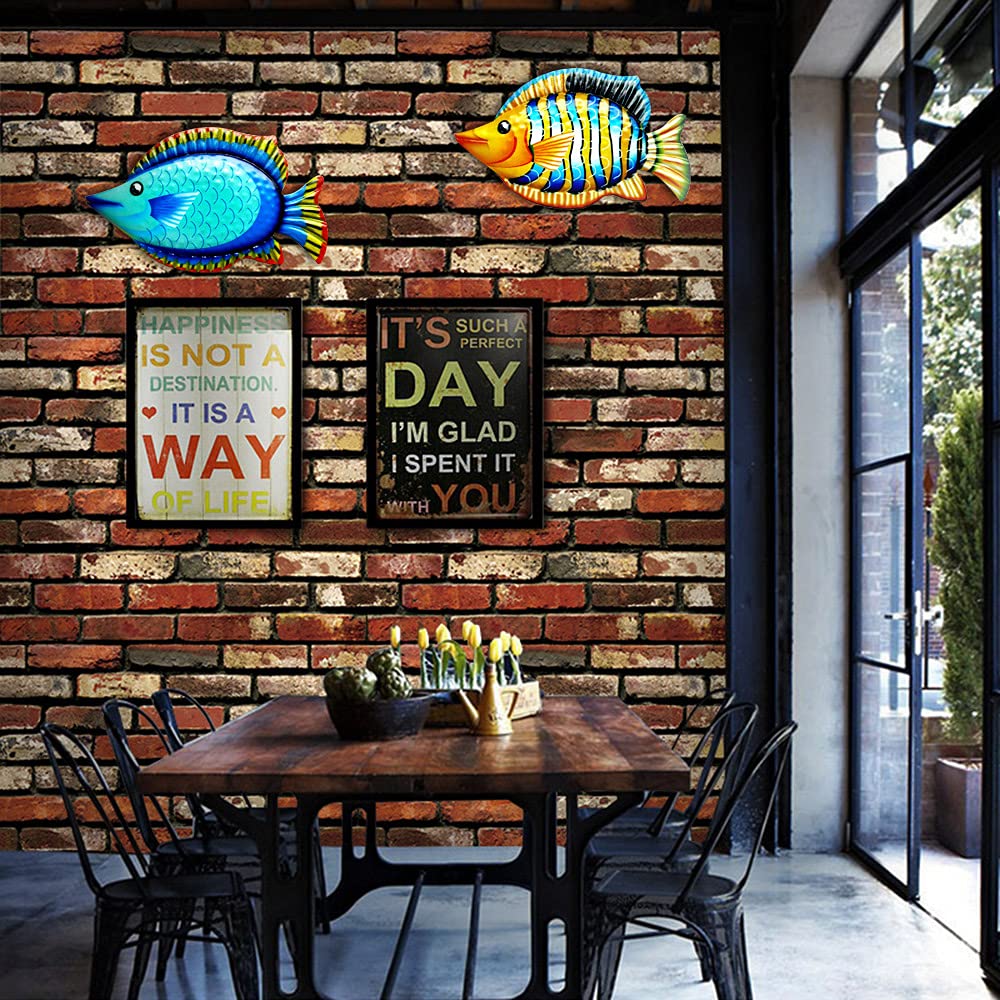2Pcs Metal Fish Wall Art Decor - Ocean Themed Tropical Fish Sculptures for Home & Office - Handcrafted Blue & Orange Metal Wall Decor - Perfect for Beach House, Living Room, Bedroom & Bathroom Decor