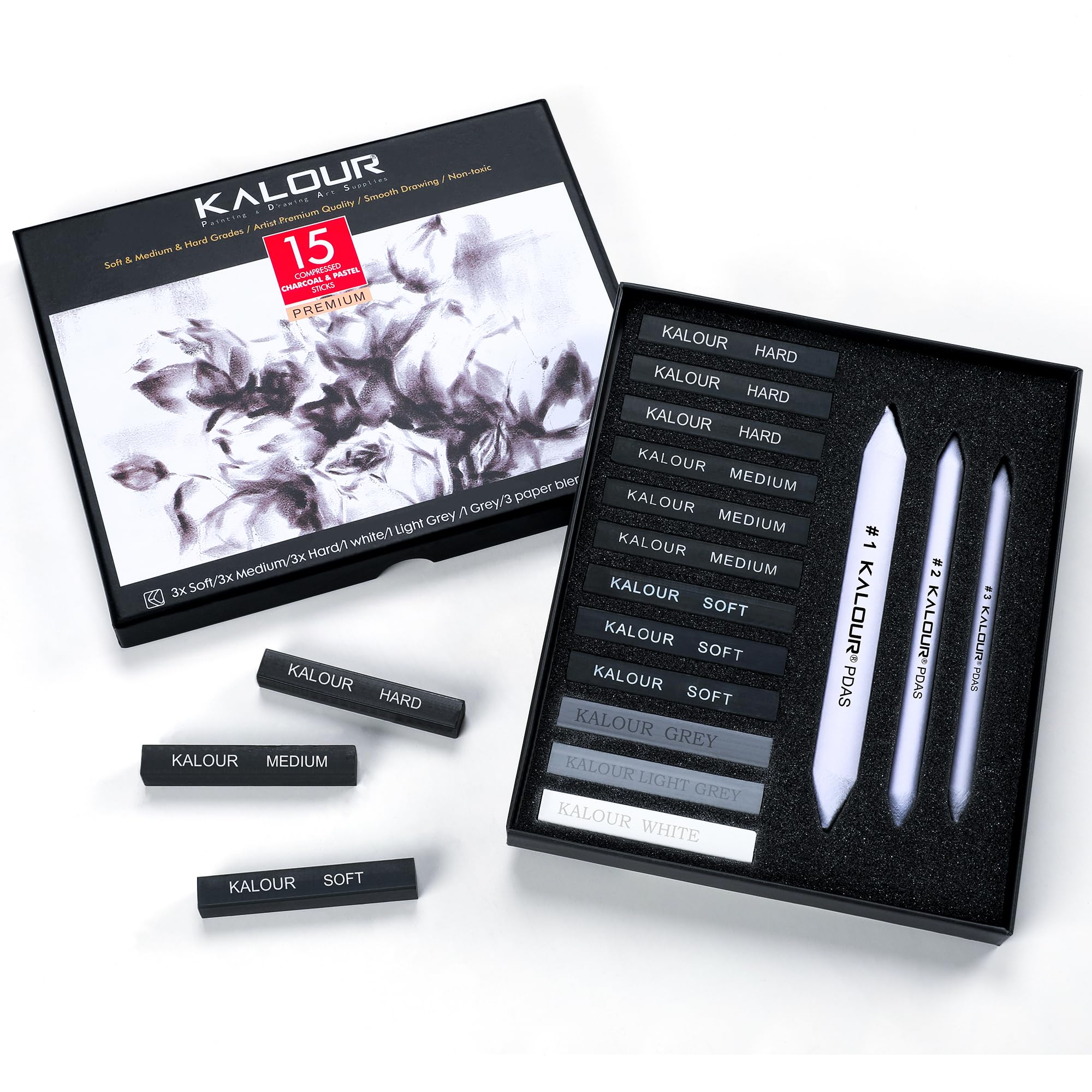KALOUR 15 Pro Compressed Charcoal Drawing Set with Blending Stumps - Soft/Medium/Hard/White Charcoal Sticks for Sketching, Shading & Art - Perfect for Beginners & Professional Artists - Ideal for Portrait Drawing, Still Life & Figure Sketching