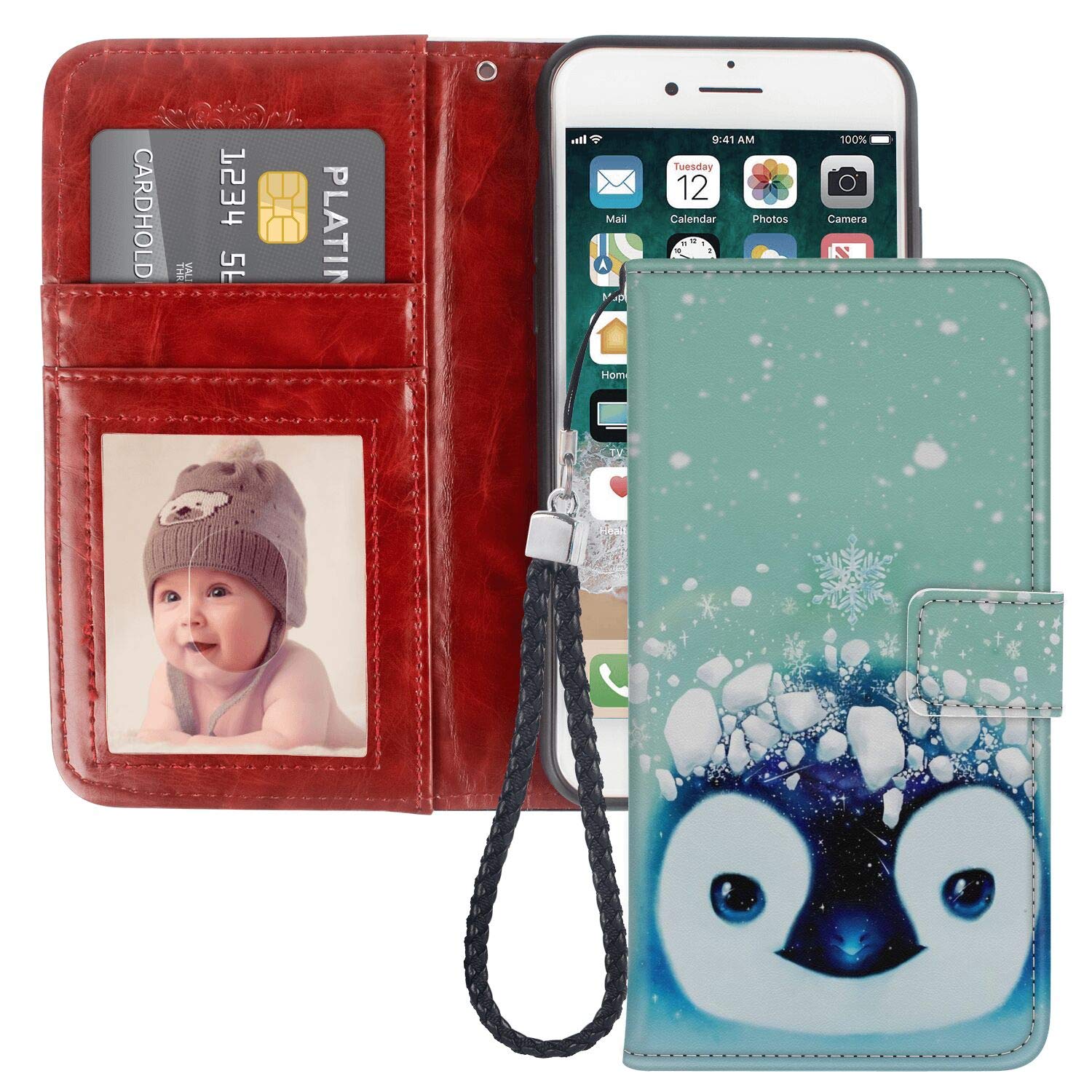 Premium PU Leather Wallet Case for iPhone 7/8 Plus - Penguin Snowflakes Design with Card Slots, Kickstand & Wrist Strap | Slim Protective Phone Cover for Everyday Use, Travel & Business (Compatible with iPhone 7 Plus/8 Plus)