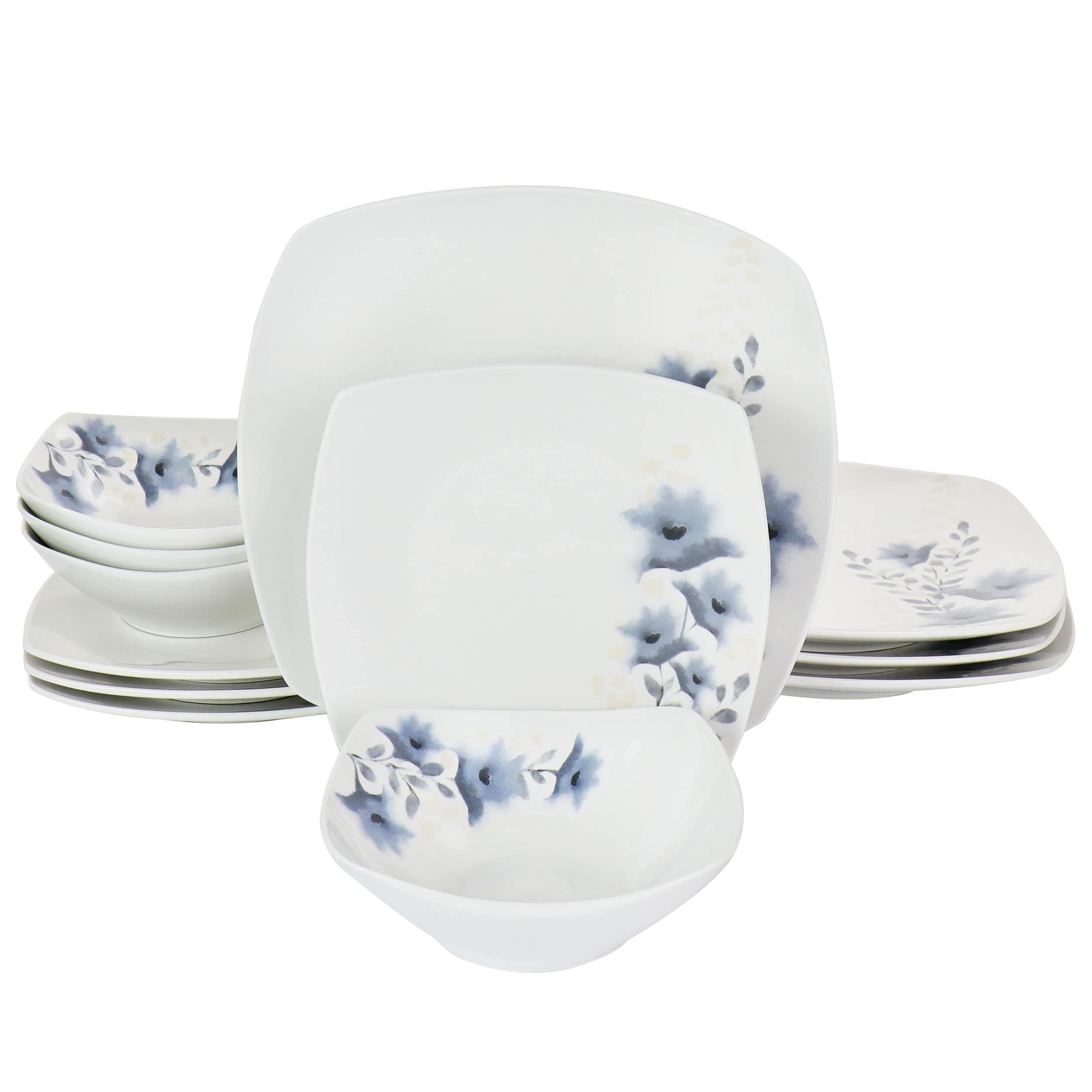 12-Piece Fine Ceramic Dinnerware Set - Blue Floral Square Plates, Bowls & Mugs - Dishwasher & Microwave Safe - Elegant Casual Dining for Everyday Use & Dinner Parties