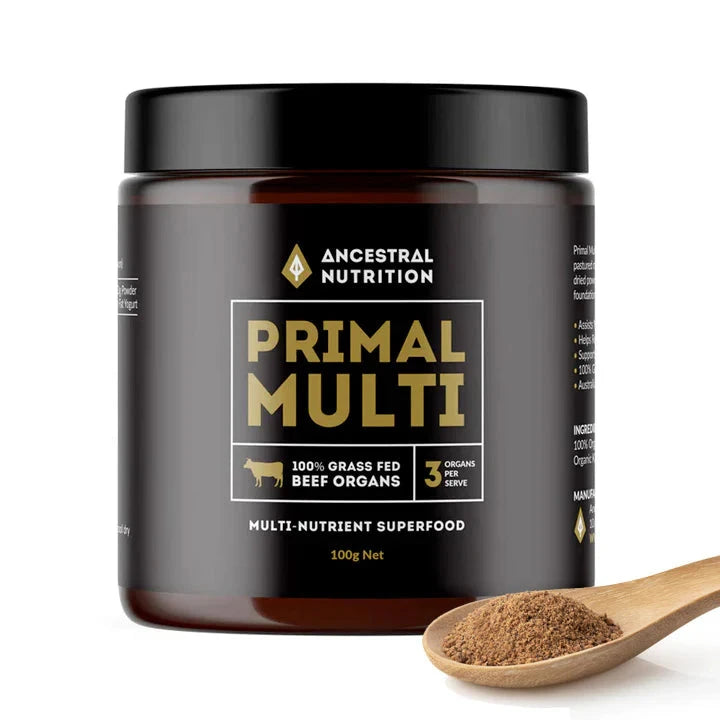 Ancestral Nutrition Primal Multi Beef Organs Powder 100g - Grass Fed, Keto & Paleo Friendly Superfood Supplement for Gut Health, Energy & Immunity Boost - Perfect for Smoothies, Coffee & Baking