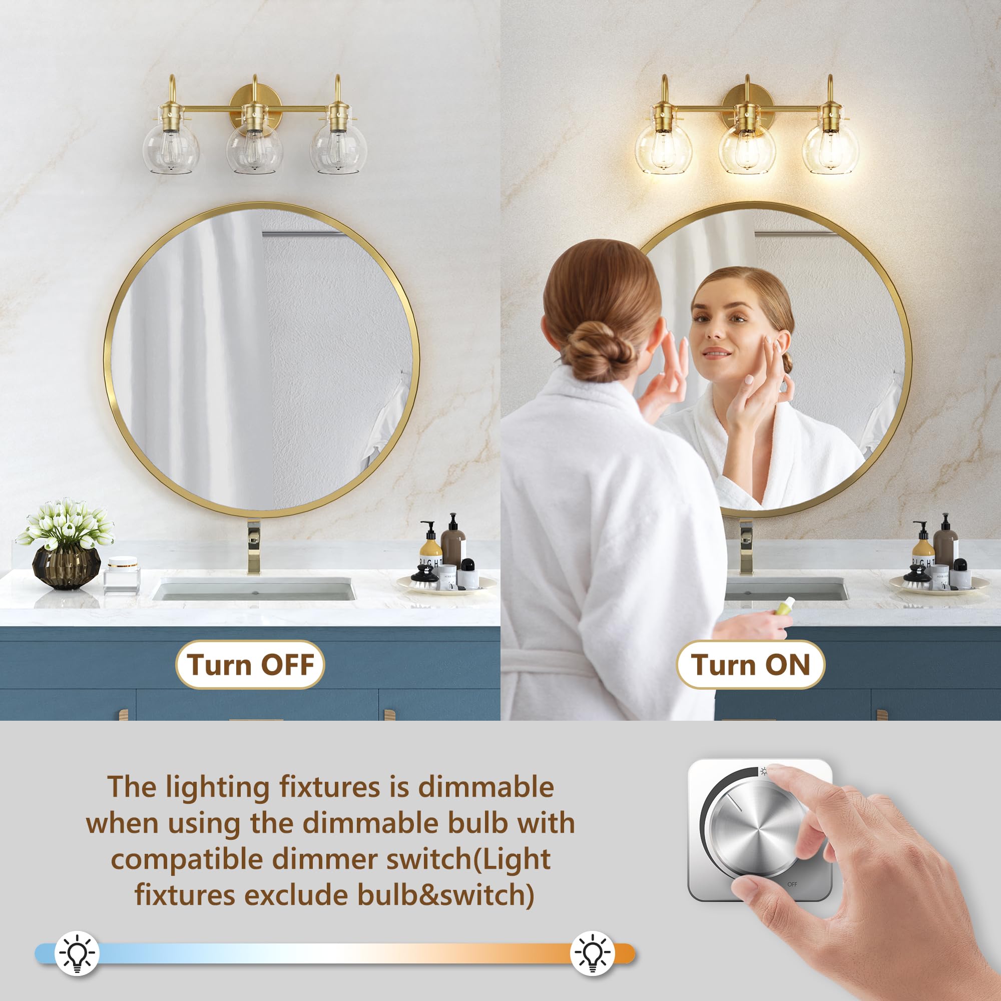 Modern Gold Vanity Light Fixture - 3 Light Bathroom Sconce with Clear Globe Glass Shade for Mirror Lighting, E26 Base - Perfect for Bathroom, Hallway & Dressing Room Makeup Vanity