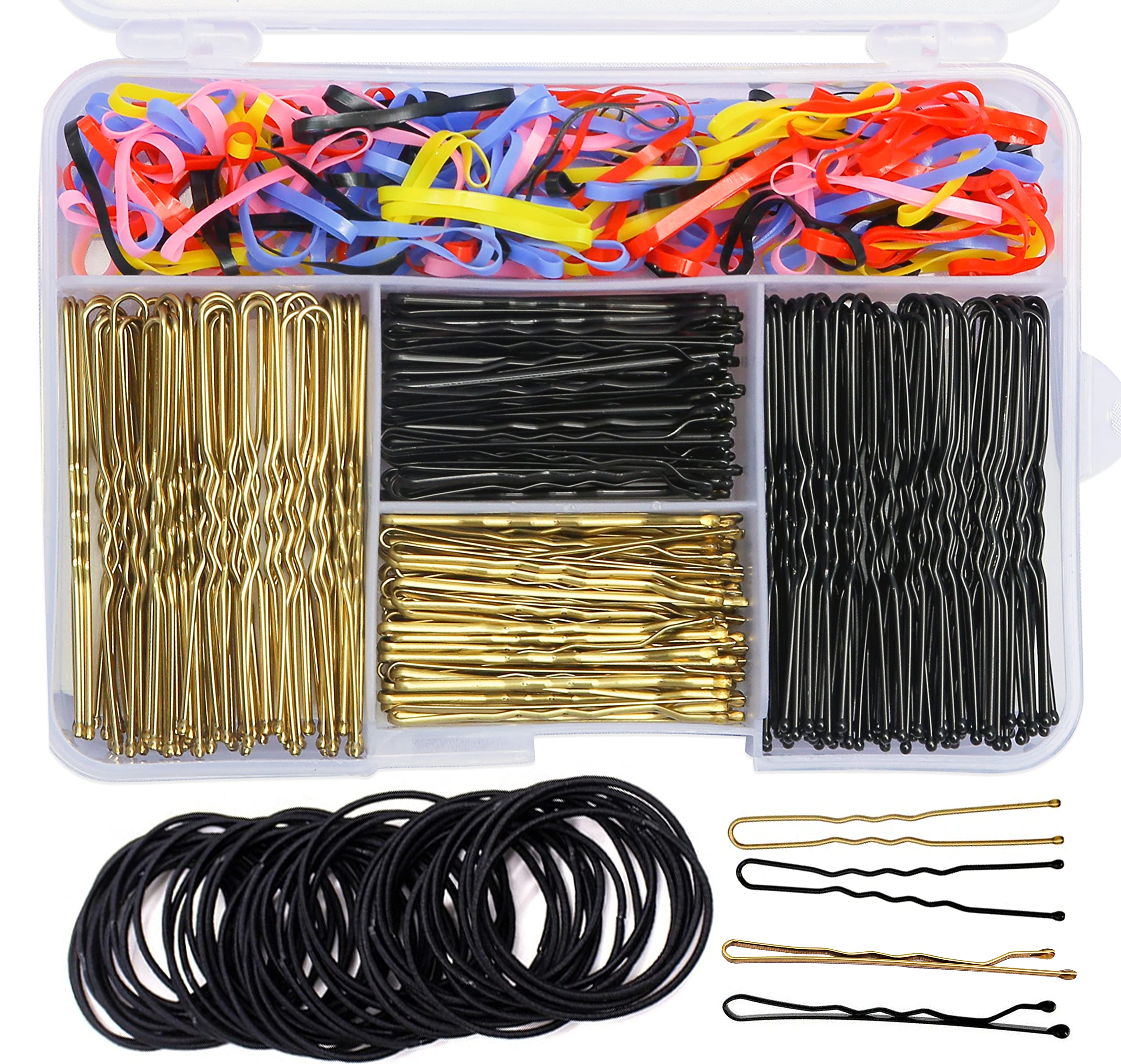 340 Pcs Blonde & Black Bobby Pins with 120 Hair Bands & 30 Elastic Bands - Hair Pins for Buns, Kirby Grips, Hair Ties & Bobbles - Perfect for Women's Hairstyling, Updos, Ponytails & Everyday Hair Accessories