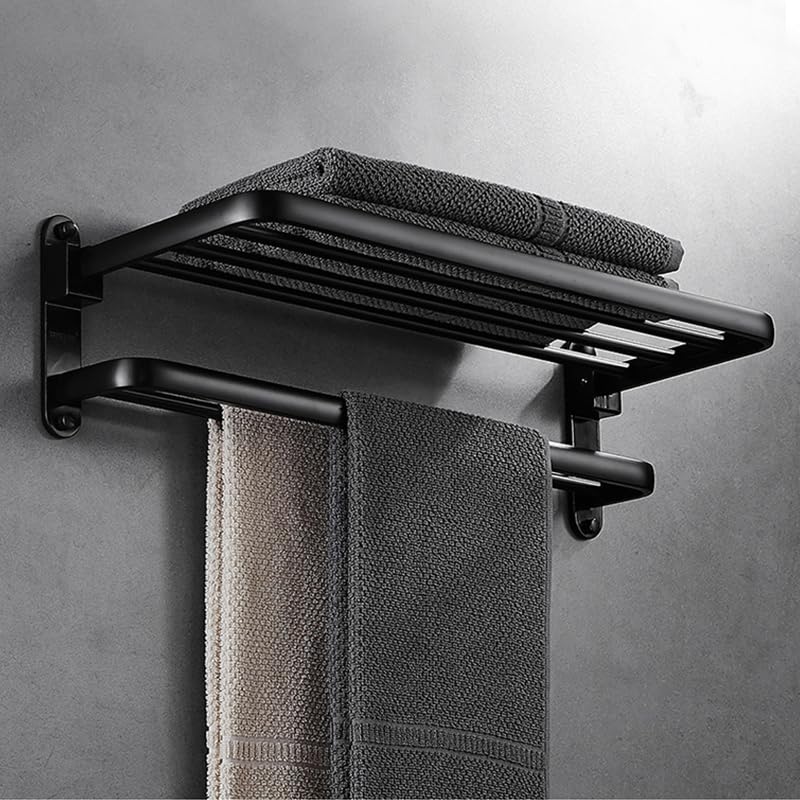 Stainless Steel Wall Mounted Towel Rack - Space Saving Bathroom & Kitchen Organizer with Shelf | Durable Black Towel Bar for Laundry Room & Home Decor | Perfect for Small Spaces & Modern Interior Design