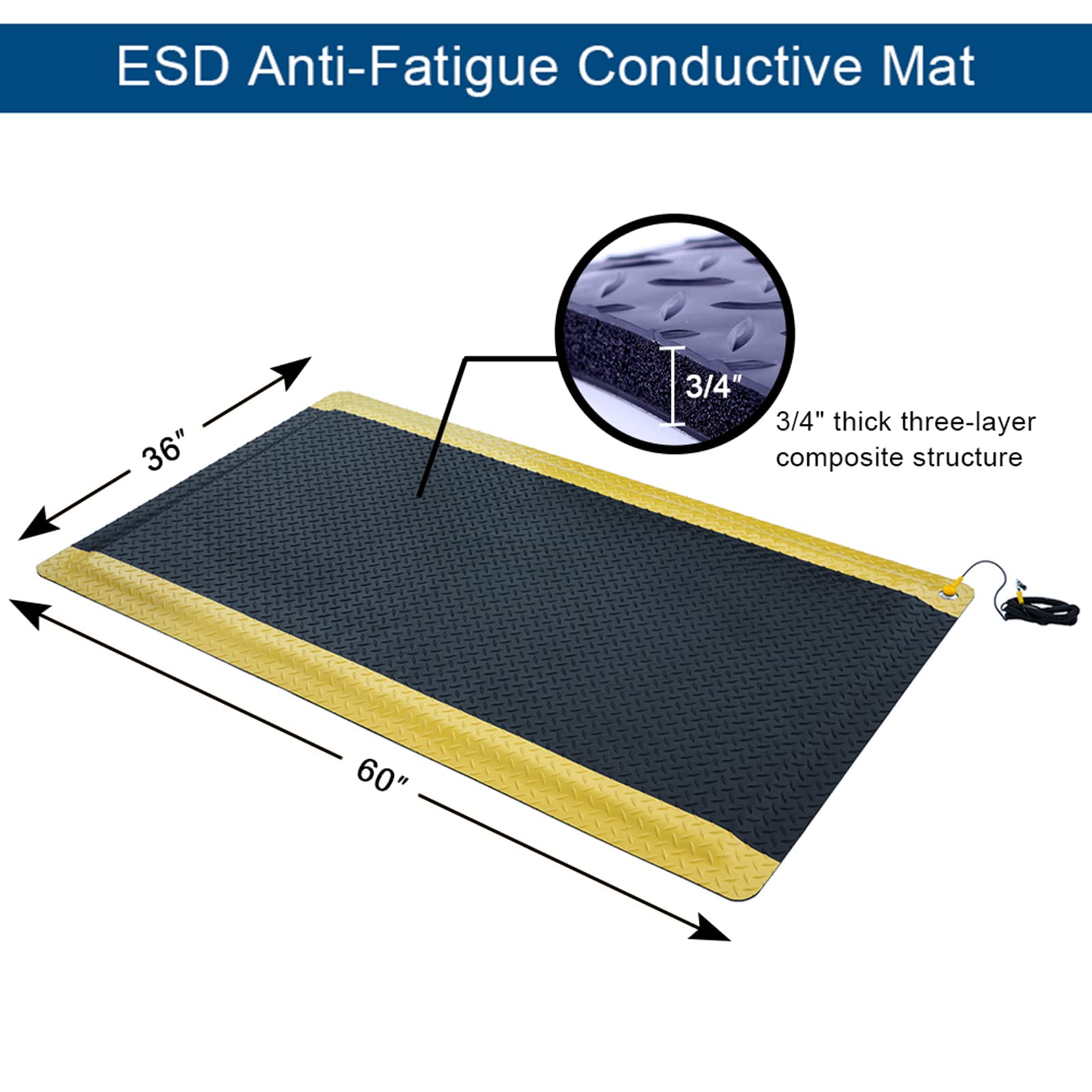 3' x 5' ESD Anti-Fatigue Conductive Mat - Heavy Duty Diamond Plate Floor Mat with Soft Sponge & Non-Slip Surface, 3/4
