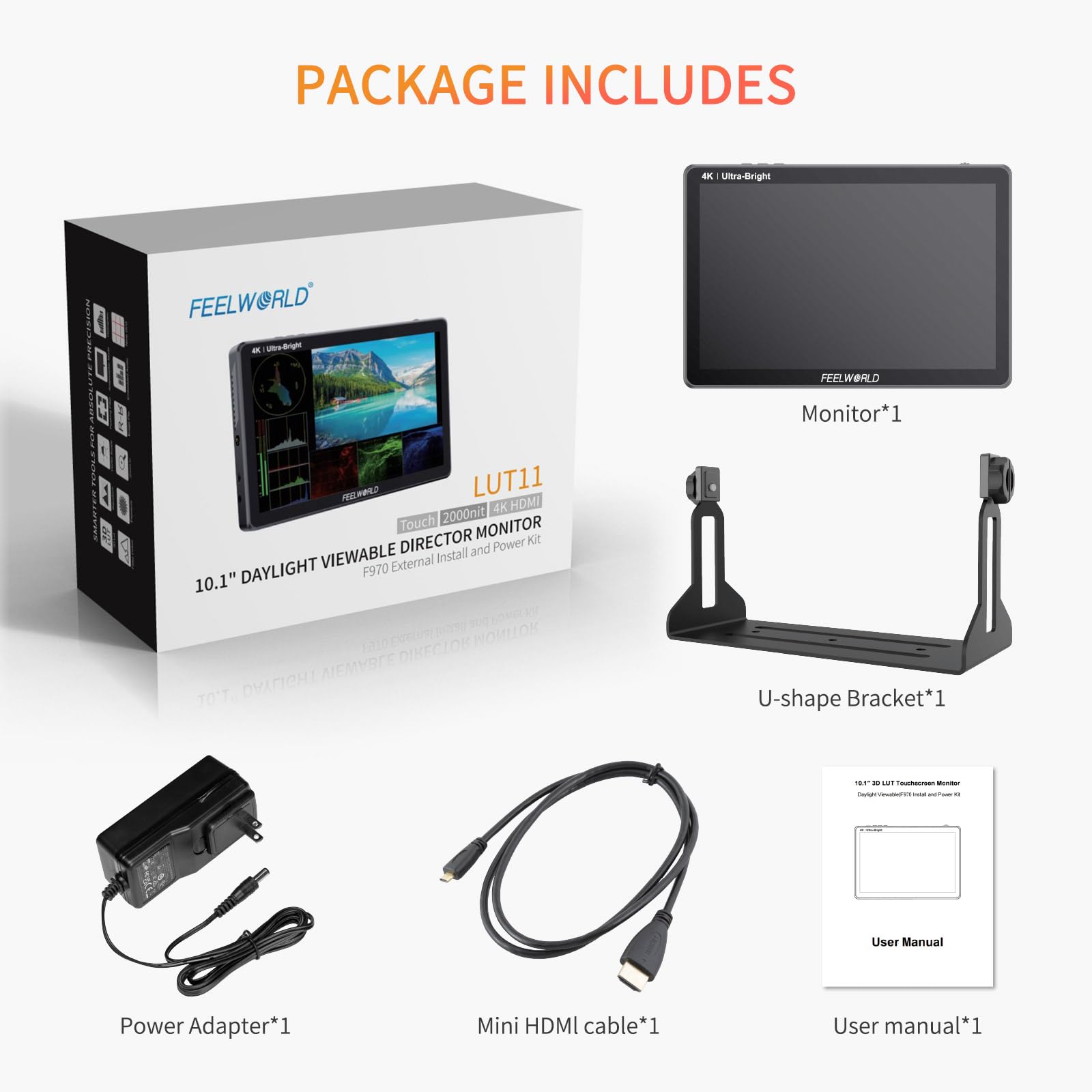 FEELWORLD LUT11H 10.1 Inch 2000nit Ultra Bright Touchscreen DSLR Camera Field Monitor with Waveform, LUT, F970 Battery Kit, HDMI Input/Output - Perfect for Outdoor Filmmaking, Vlogging, and Professional Video Production
