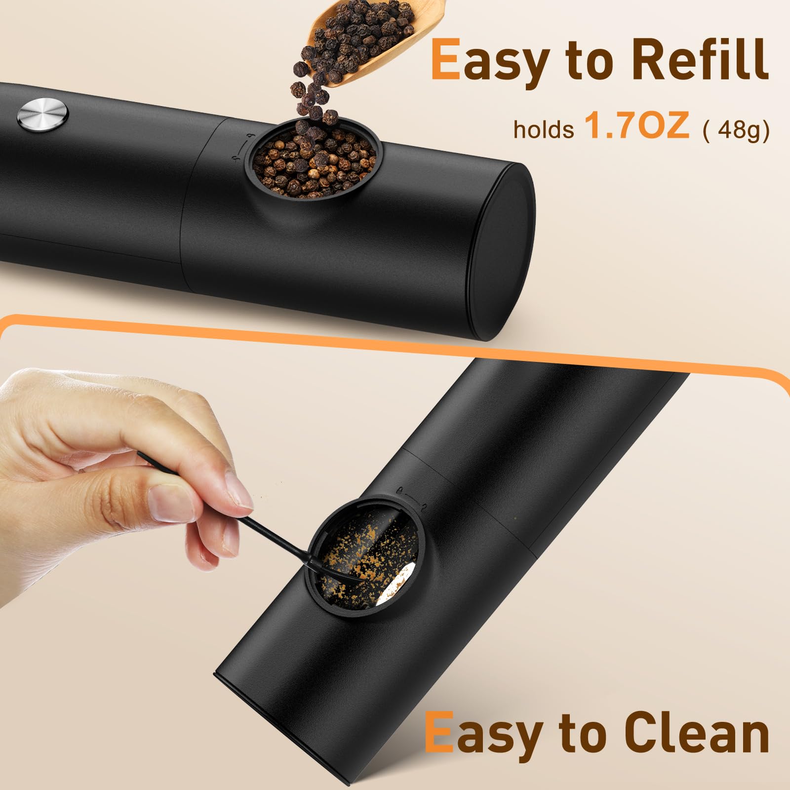 Electric Salt and Pepper Grinder Set - Rechargeable Automatic Spice Mill with Adjustable Coarseness, 70ml Capacity & LED Light - One-Hand Operation for Kitchen, Cooking, BBQ, and Dining Table Seasoning