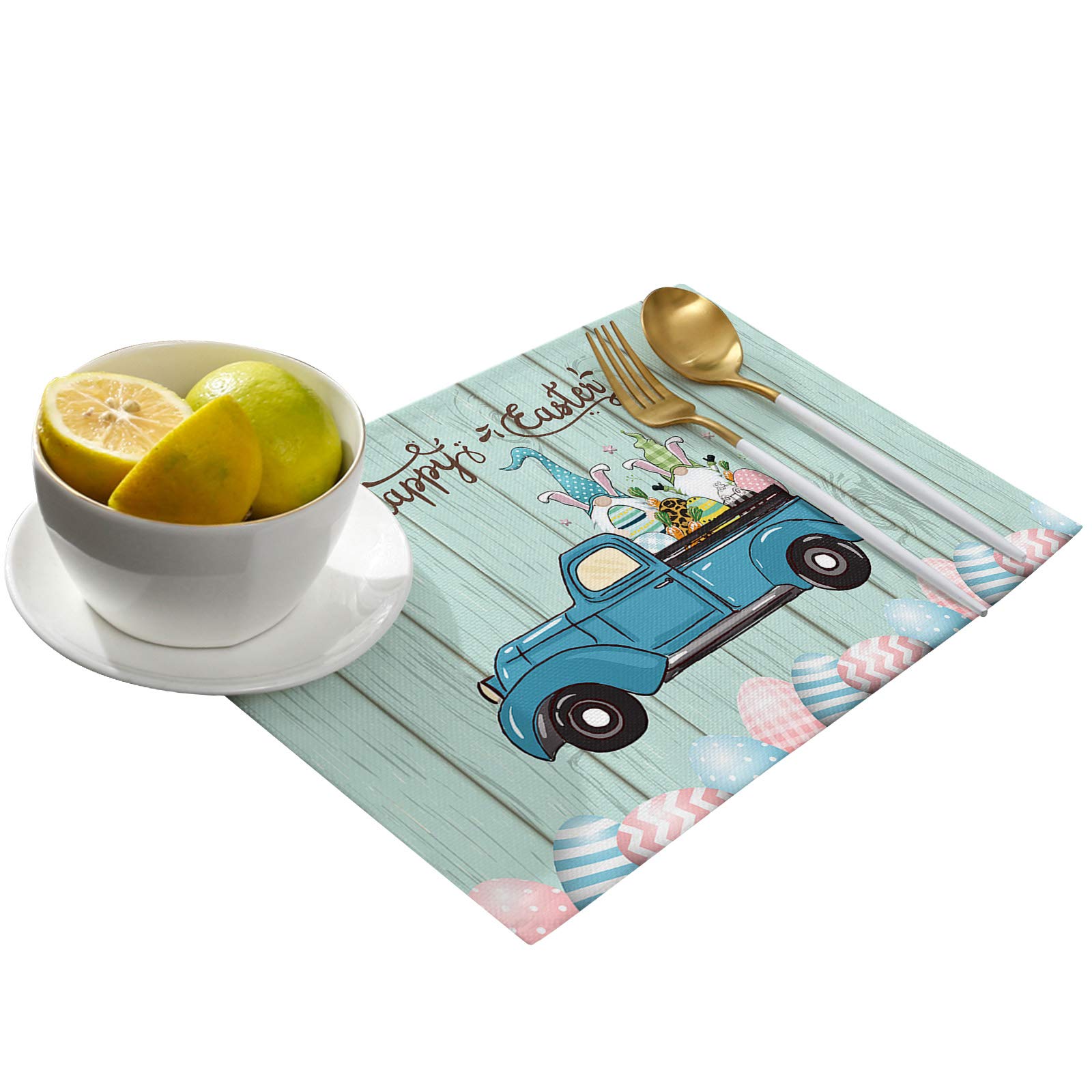 Easter Truck Placemats Set of 6 - Spring Gnome Rabbit Eggs Design, Cyan Wood Grain Insulated Non-Slip Kitchen Table Mats, Washable Dining Placemats for Easter Brunch, Holiday Decor & Family Gatherings