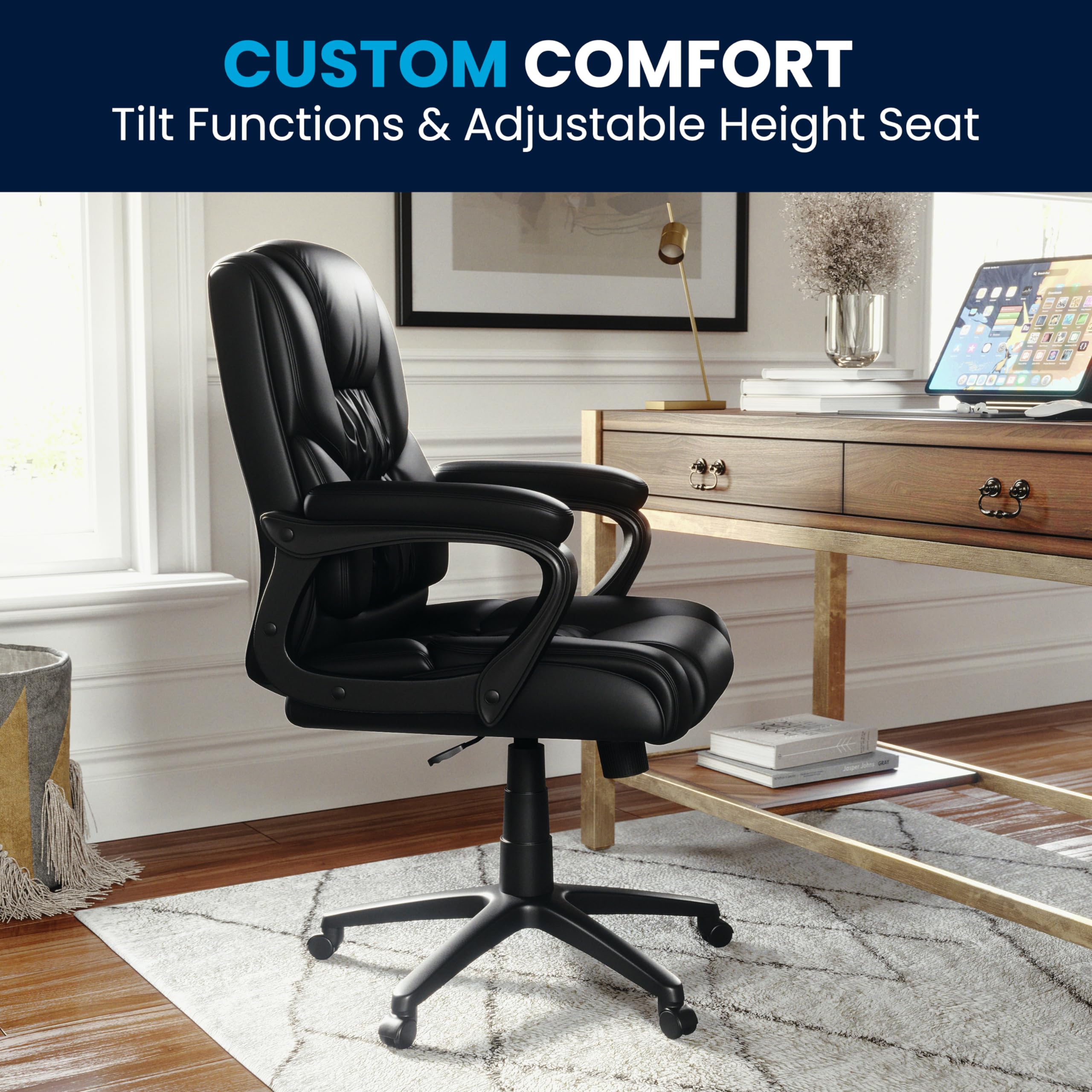 Flash Furniture Big & Tall Swivel LeatherSoft Office & Gaming Chair - Ergonomic Adjustable Height Executive Chair with Padded Armrests - Perfect for Home Office, Gaming Setup & Workspace (Black)