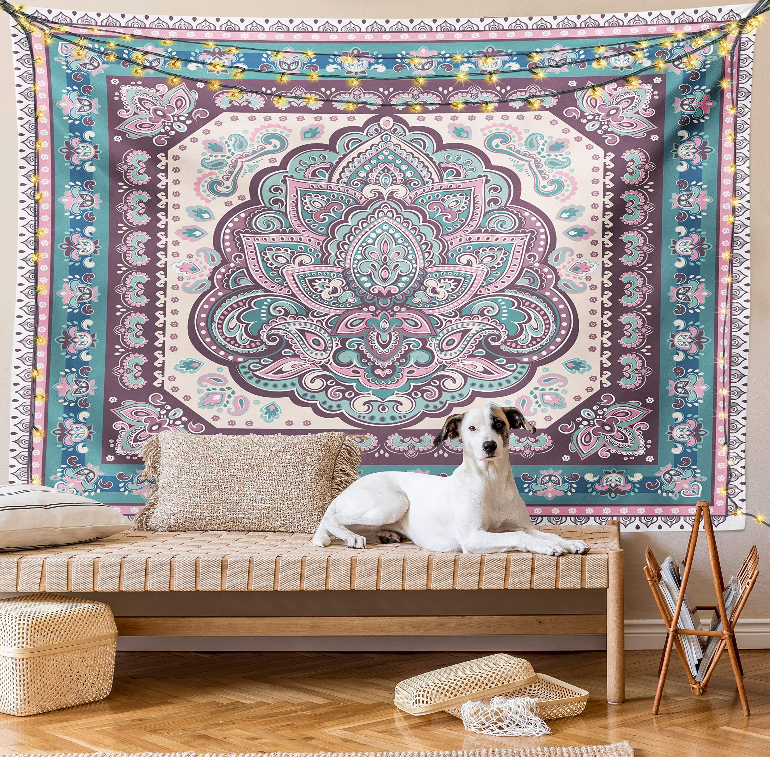 Ambesonne Bohemian Tapestry - Ethnic Mandala Paisley Wall Hanging Decor for Bedroom, Living Room & Dorm | 23x28 Inch Pale Pink Purple Hippie Style Fabric Art | Perfect for Meditation Spaces, Yoga Rooms & Boho Home Decor