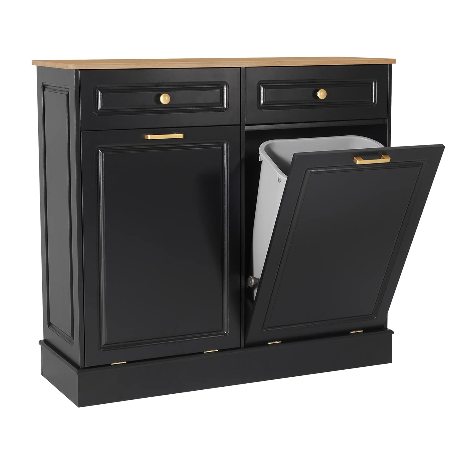 Eclife Double Kitchen Trash Cabinet - Dual Tilt-Out Hidden Garbage Bin with 2 Wooden Hideaway Drawers, Freestanding Recycling Storage for Waste Separation (Black) - Perfect for Modern Kitchens & Eco-Friendly Homes