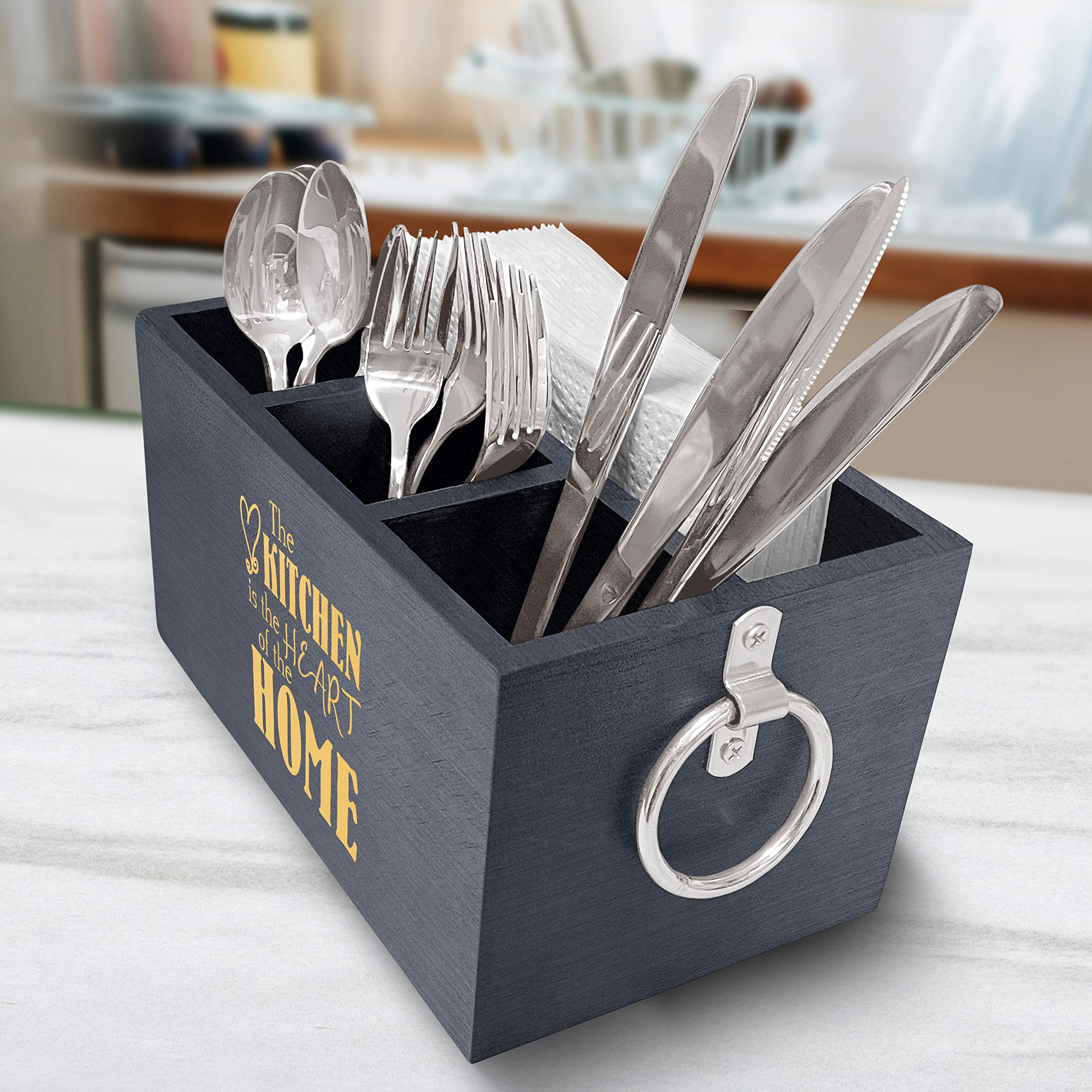 Wooden Utensil Storage Box & Kitchen Organizer - Engraved Farmhouse Silverware Caddy for Flatware & Cooking Tools | Perfect for Farmhouse Kitchens, Housewarming Gifts & Countertop Organization