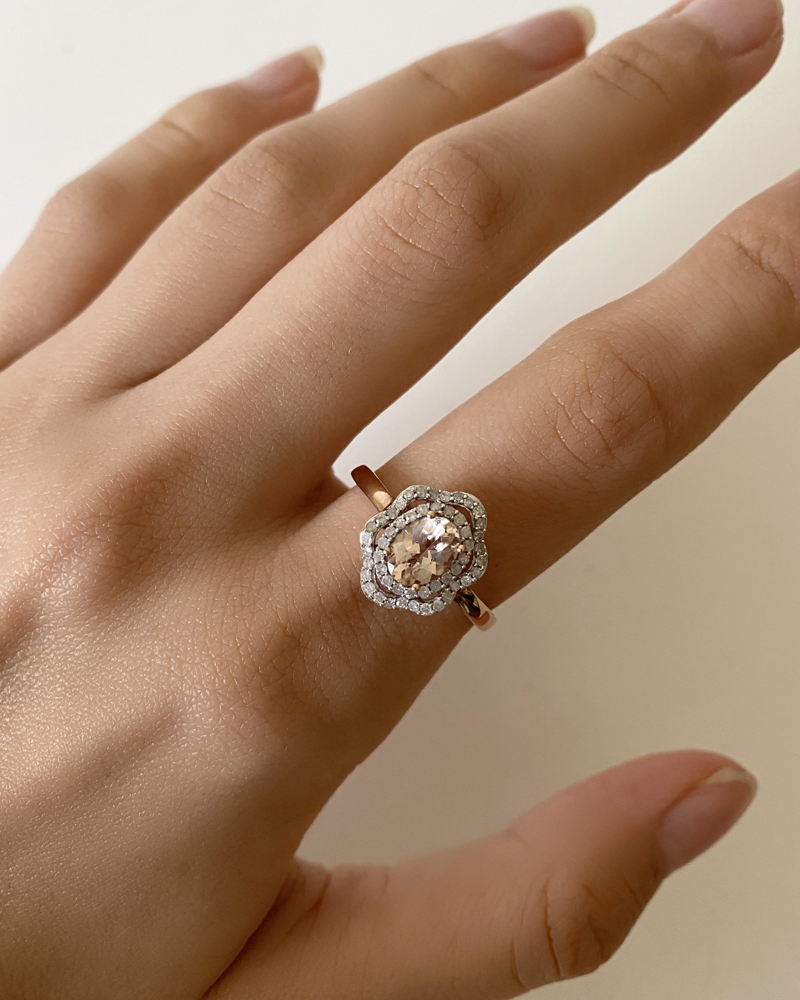 9ct Rose Gold Morganite & Diamond Floral Halo Ring - 7x5mm 0.65ct Morganite with 0.25ct Diamonds - Perfect for Engagement, Anniversary & Special Occasion Gifts