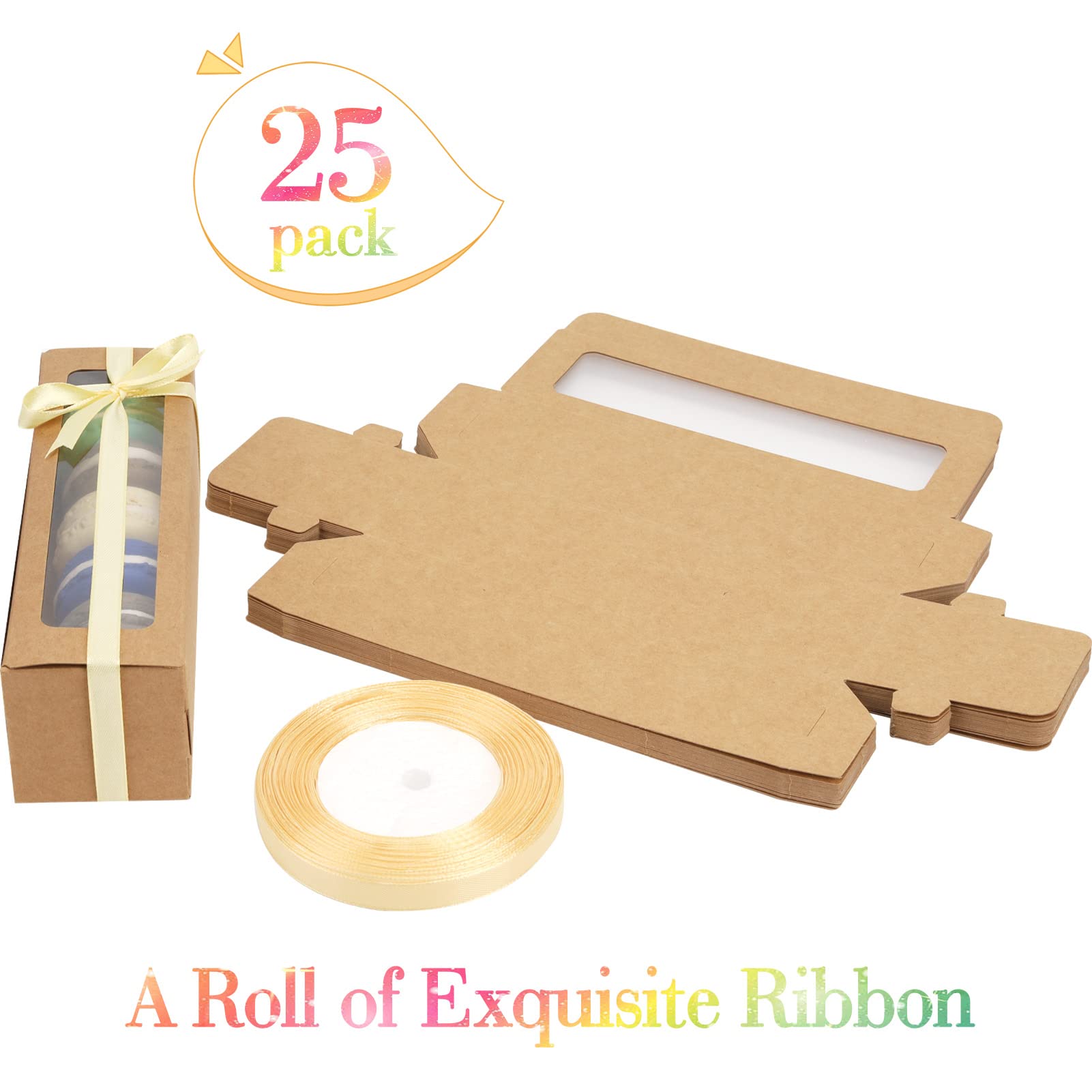 25 Pack Macaron Gift Boxes for 5-7 Macarons - Strawberry Themed Bakery Packaging with Ribbon | Perfect for Candy, Desserts, Sweet Gifts & Party Favors (Brown)