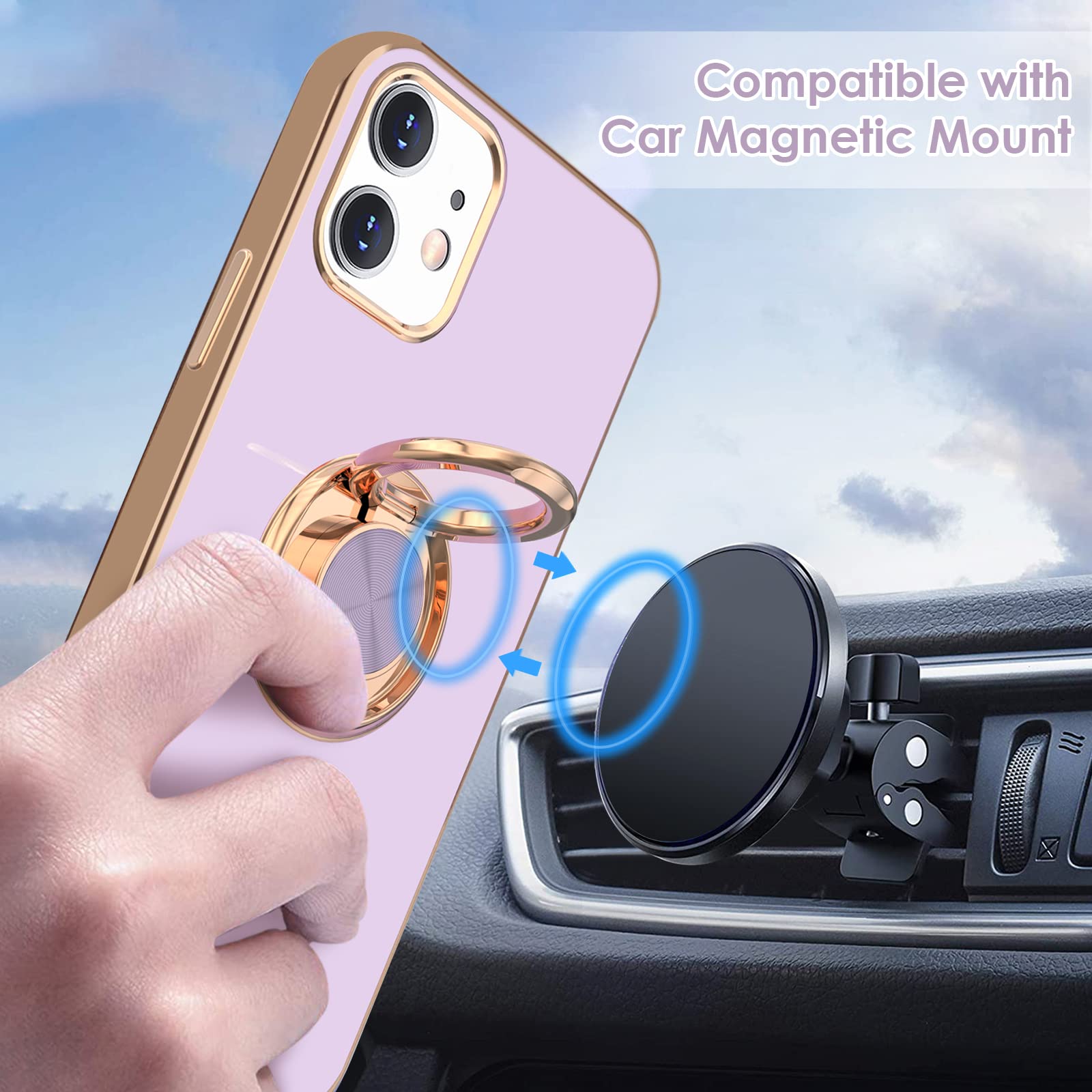 Hython iPhone 12/12 Pro Case with Magnetic Ring Stand - Rose Gold Shockproof Cover for Work & Travel